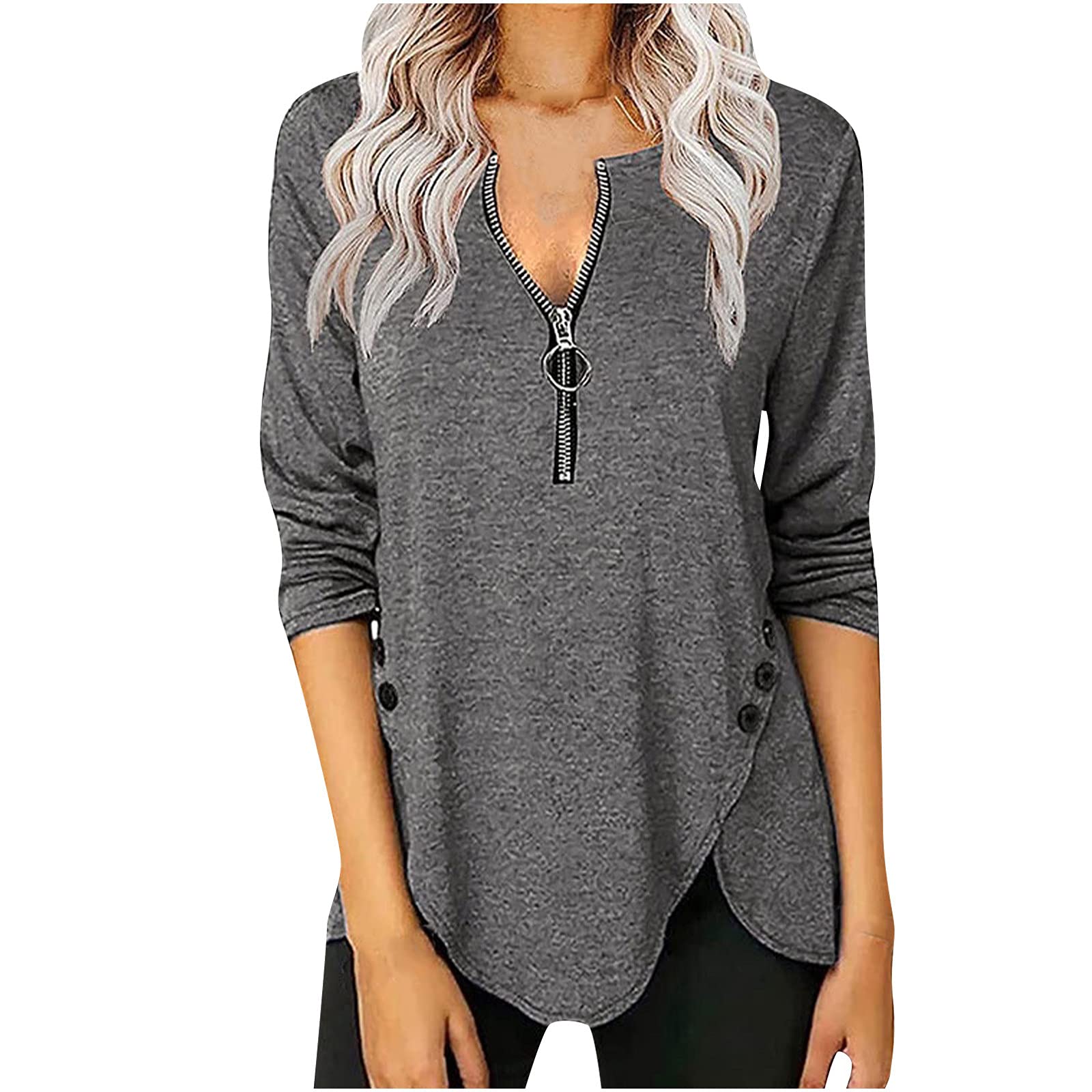 Women's Classic-Fit Half Zip Pullover Shirt - Casual Long Sleeve Loose Blouse Top with Solid Color & Irregular Design | Perfect for Work, Travel & Everyday Wear