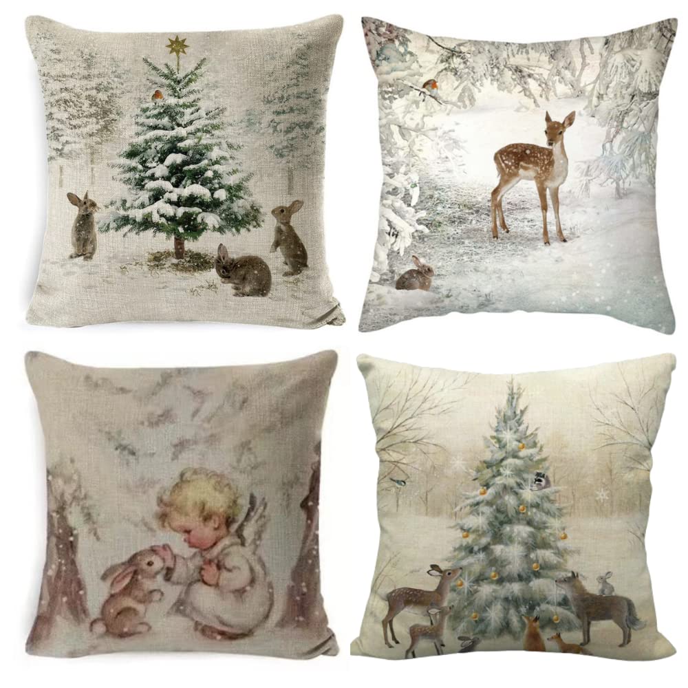 18x18 Aesthetic Linen Pillow Covers Set of 4 - Winter Rustic Farmhouse Decor with Snowy, Xmas Tree, Reindeer, Angel & Rabbit Prints - Decorative Throw Pillow Cases for Couch, Sofa, Seating Bench & Home Decor - Perfect for Christmas, Living Room & Cozy Winter Styling