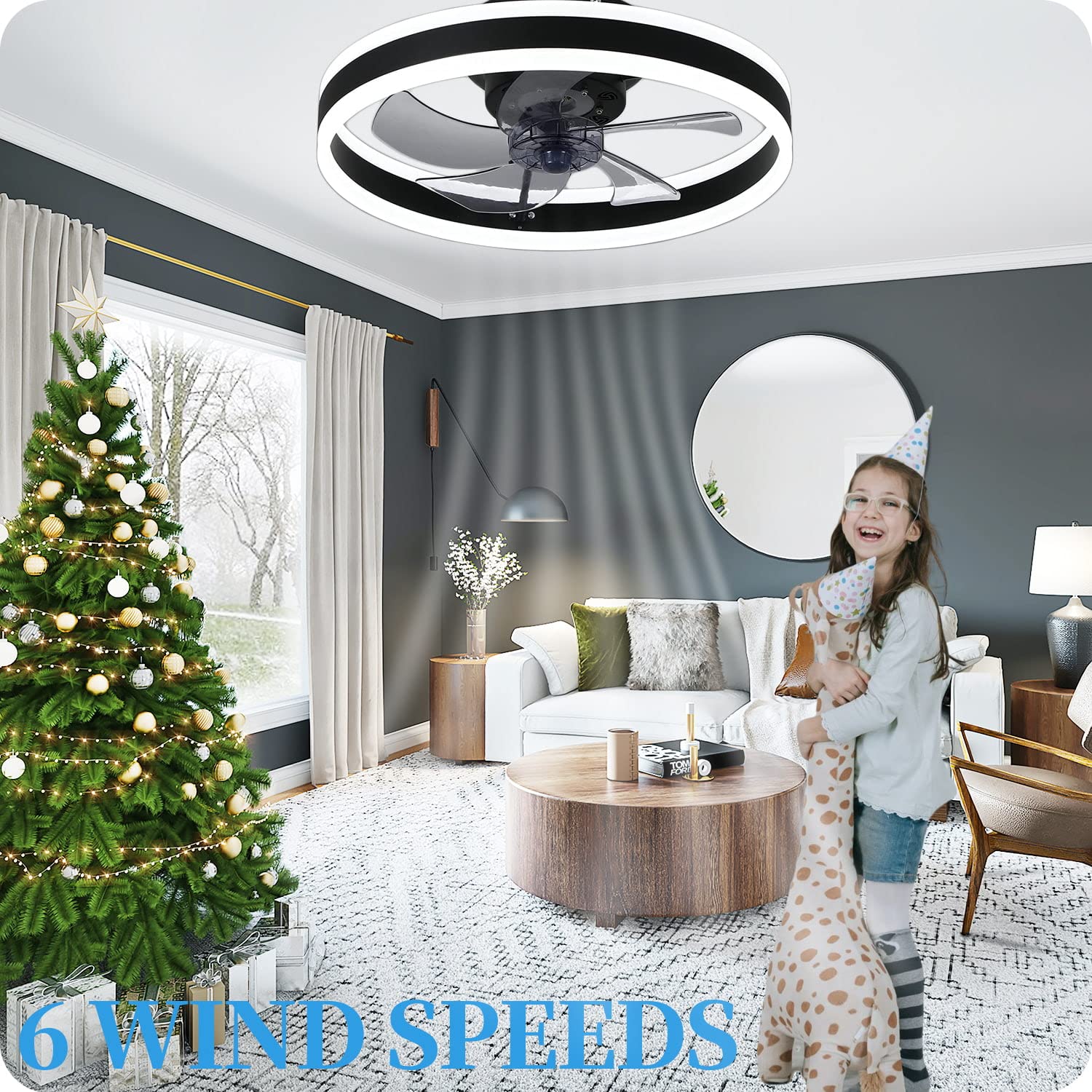 Bladeless Ceiling Fan with LED Lights & Bluetooth Speaker - Quiet, Low Profile, Smart App & Remote Control, Stepless Dimming, 3 Color Options, 6 Speed Settings, Reversible, 19.7 Inch - Perfect for Bedroom, Living Room, and Office Spaces