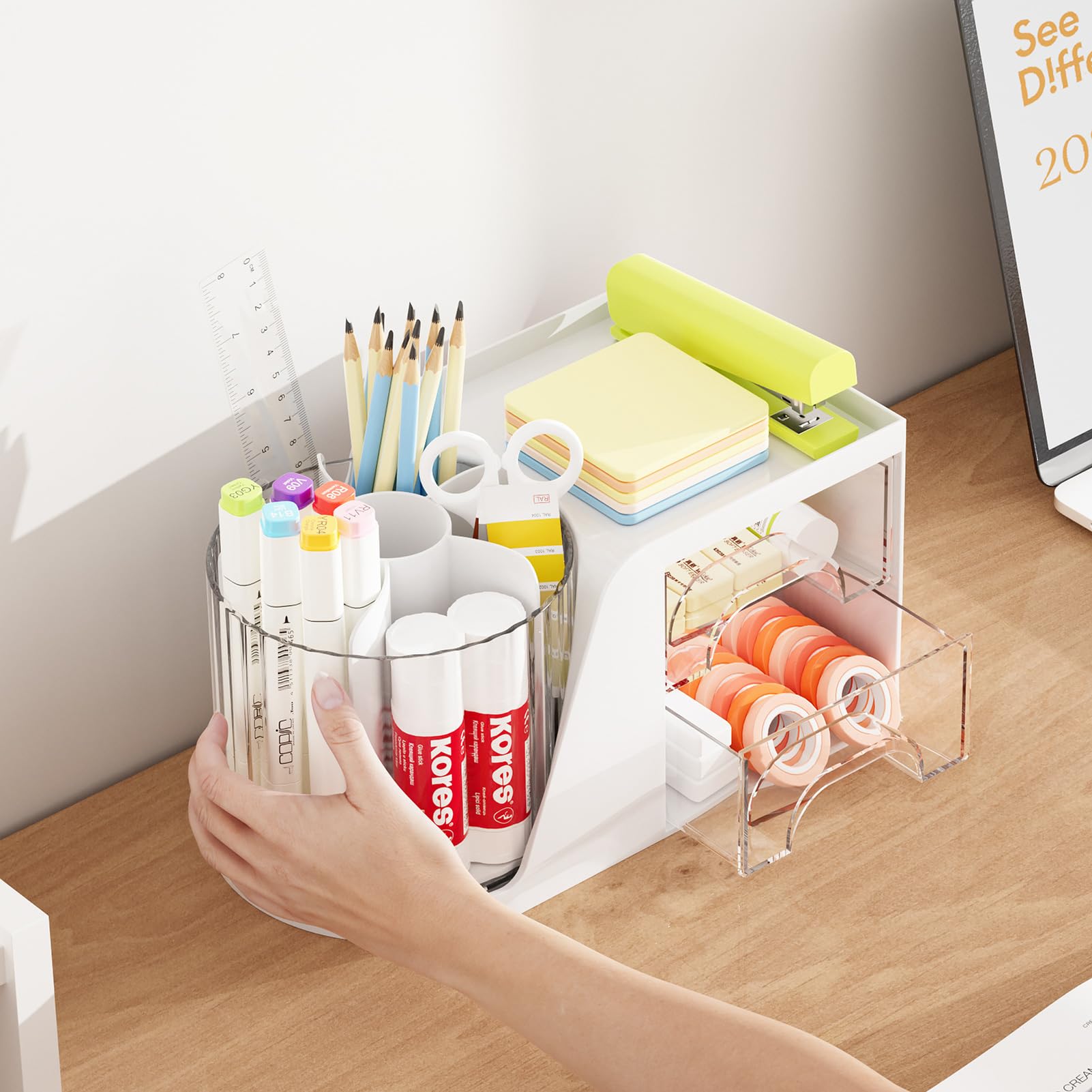 360° Rotating Desk Organizer with 6 Pen Slots & 2 Drawers - White Office Storage Caddy for Pens, Art Supplies & Stationery | Perfect for Home Office, School & Workspace Organization