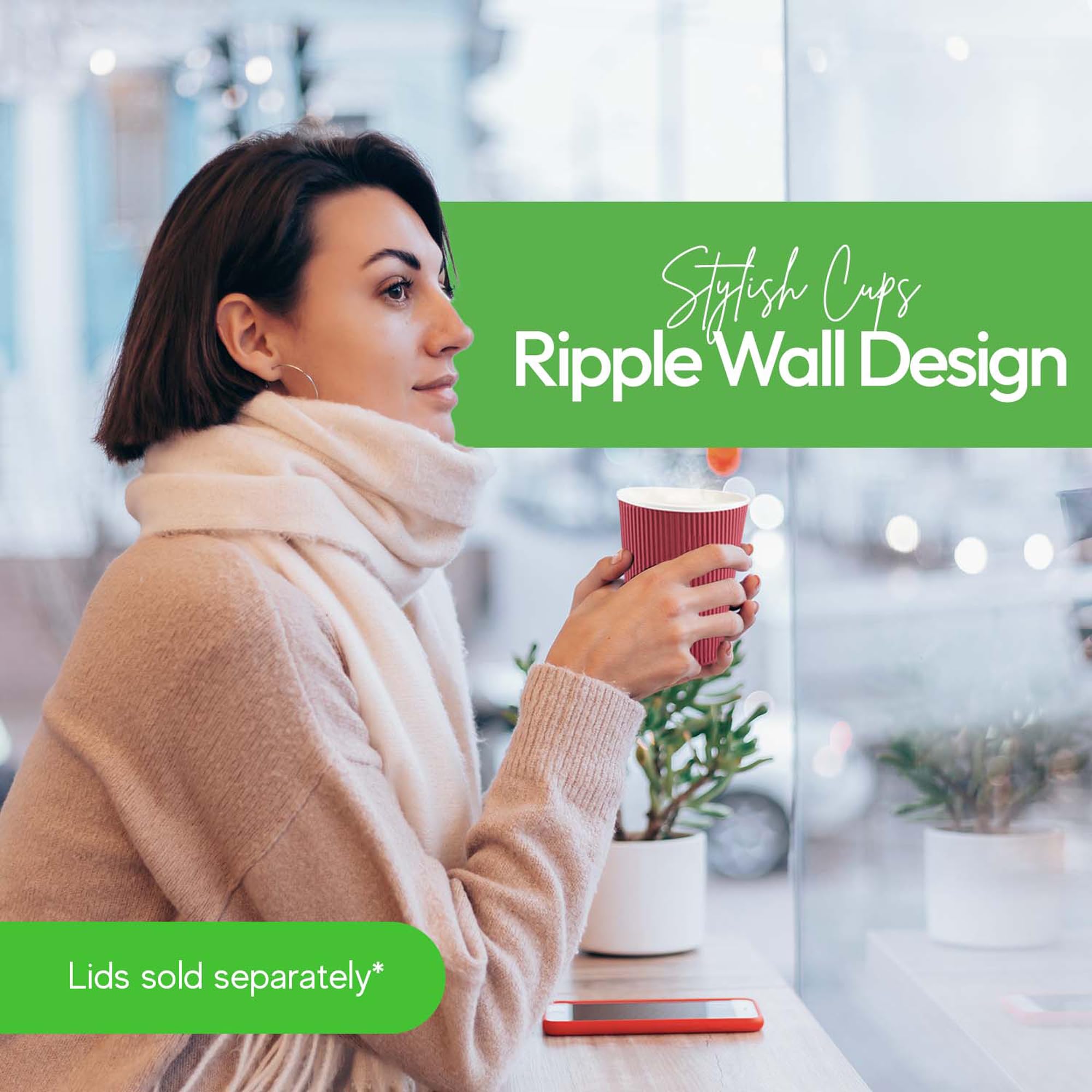 500 Pack 12 oz Disposable Coffee Cups with Ripple Wall - Insulated Paper Hot Cups for Coffee, Tea & Hot Beverages - Rolled Rim Design, Lids Sold Separately (Crimson) - Perfect for Cafes, Offices & Catering Events
