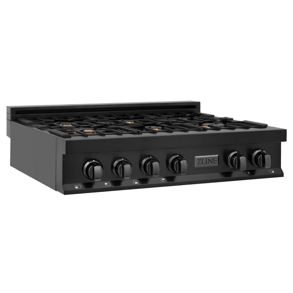 ZLINE 36 Inch Black Stainless Steel Gas Rangetop with 6 Brass Burners & Porcelain Cooktop - Professional Grade Kitchen Appliance for Home Chefs & Cooking Enthusiasts | Perfect for Gourmet Meals, Entertaining & Large Family Dinners