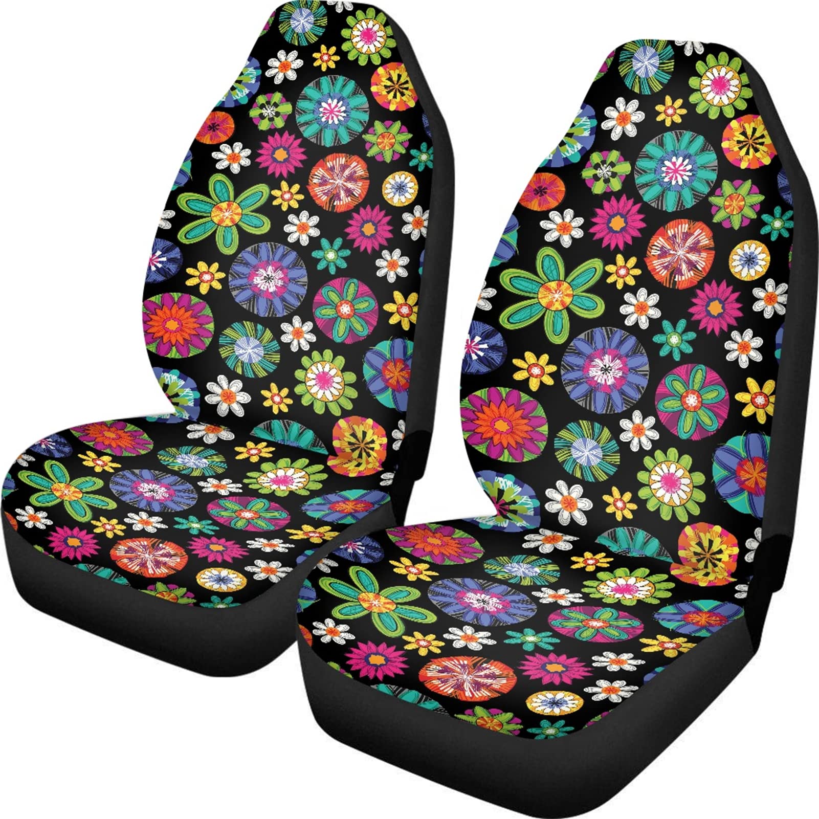 INSTANTARTS Colorful Cartoon Flowers Print Car Seat Covers - Universal High Back Front Seat Protectors (Set of 2) | Soft & Durable Auto Interior Accessories | Perfect for Sedans, SUVs & Trucks