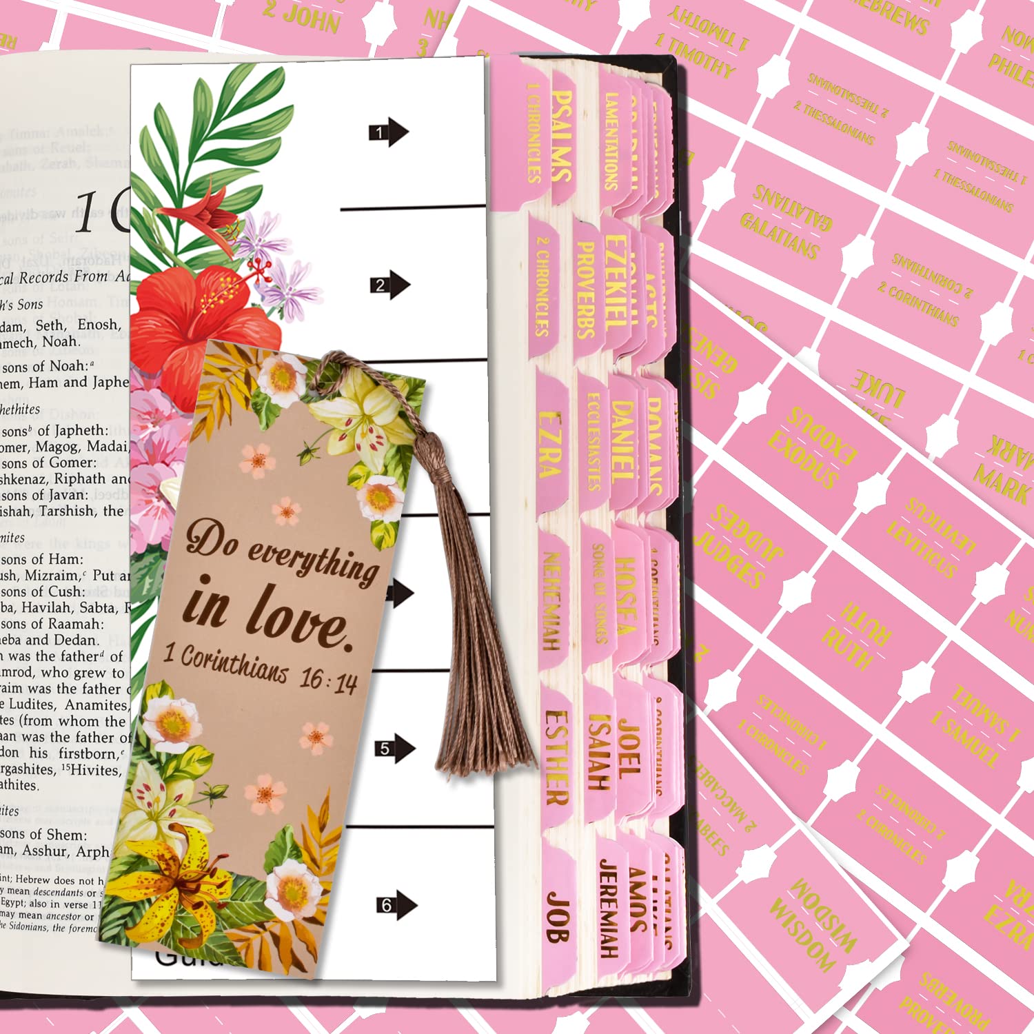 Bible Index Tabs - 122 Pcs Matte Laminated Floral Design Tabs for Old & New Testament, Pink with Gold Foil - Perfect for Bible Journaling, Scripture Study & Church Gift Ideas