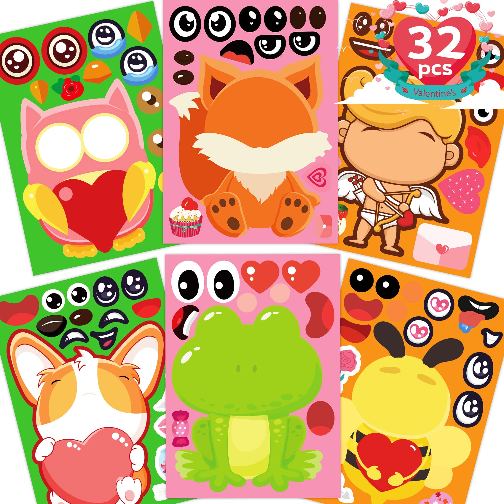 Funnlot 32PCS Valentine's Day Stickers for Kids - DIY Make a Face Stickers, Fun Valentine Activities & Crafts for Children - Perfect for Classroom Gifts, Scrapbooking & Party Favors