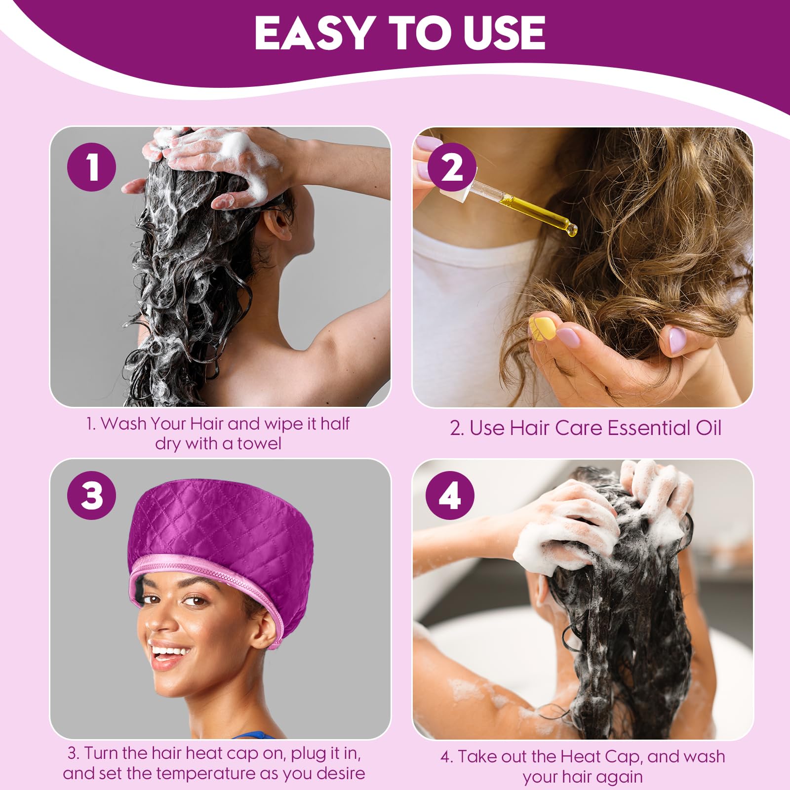 Professional Electric Hair Steamer for Deep Conditioning & Heat Therapy - 10-Level Adjustable Heat with Timer, Fast Heating Thermal Cap for Natural Hair Care at Home - Perfect for Hair Spa, Moisturizing Treatments & Scalp Relaxation (Purple)