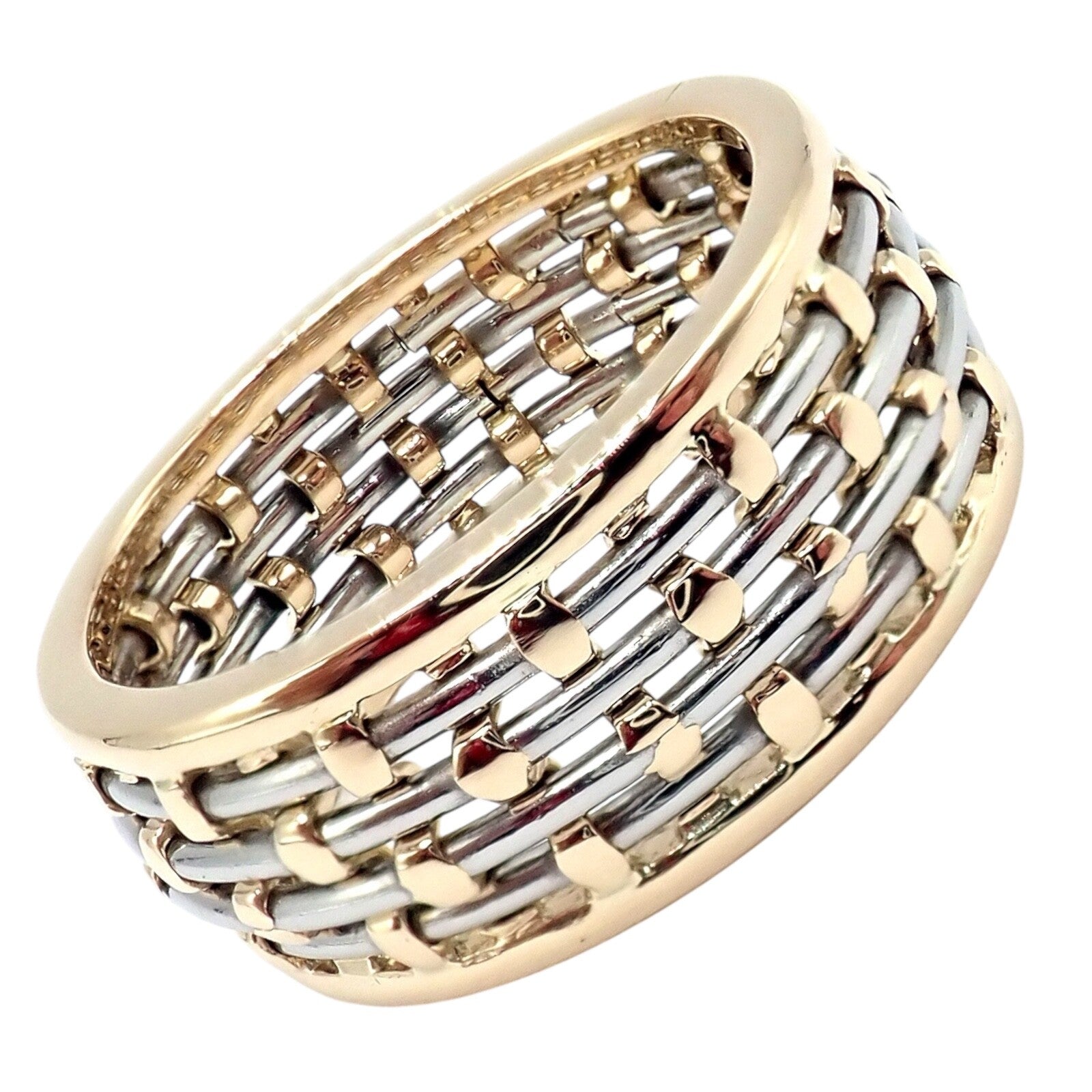 Authentic Cartier 18K Yellow Gold & Stainless Steel Basket Weave Ring and Earrings Set - Luxury Jewelry for Weddings, Anniversaries & Special Occasions