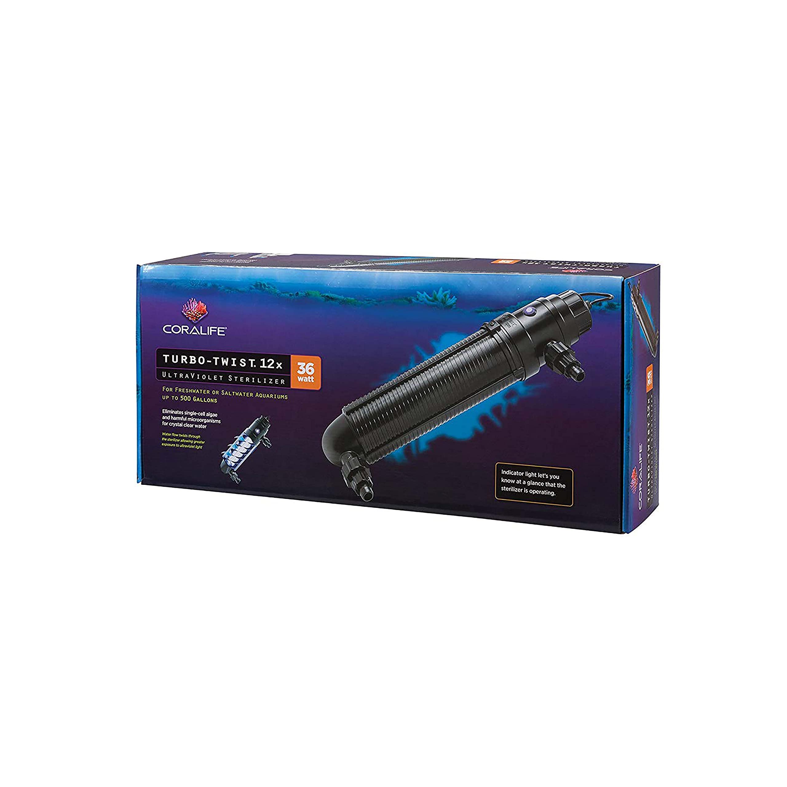 Coralife Turbo-Twist 12X UV Sterilizer for Saltwater Aquariums up to 500 Gallons - Marine Fish Tank Water Purifier for Reef & Coral Tanks