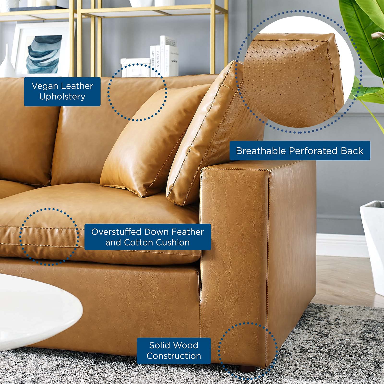 Modern Contemporary Sectional Sofa Set - Faux Vegan Leather in Tan - Perfect for Lounge, Hotel Lobby & Hospitality Spaces