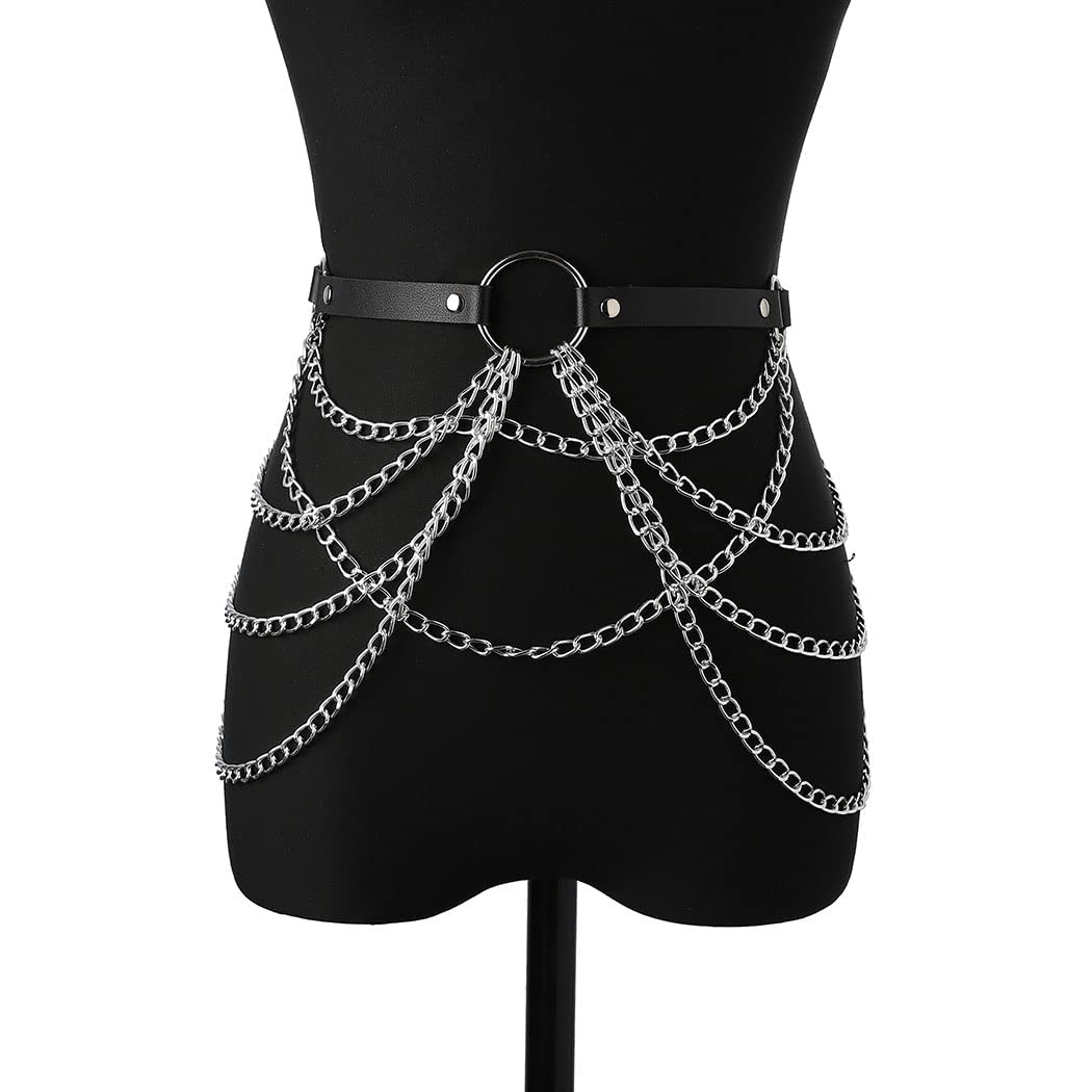 Flovel Punk Black Leather Body Chain - Multilayered Waist & Belly Chain Jewelry for Women | Gothic, Rave & Festival Fashion Accessory | Perfect for Concerts, Parties and Biker Outfits