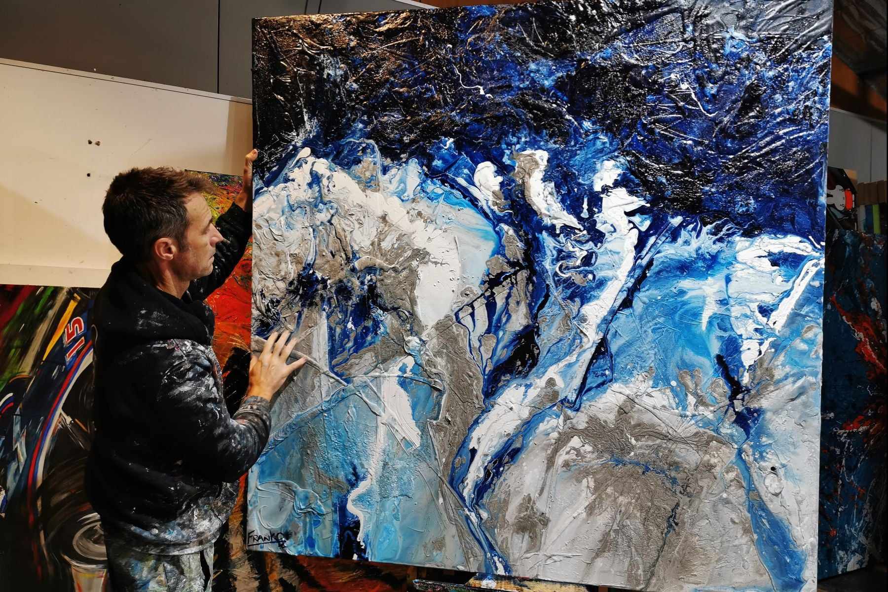 150cm x 150cm Blue Textured Abstract Ocean Painting - Modern Coastal Wall Art for Living Room, Bedroom & Office Decor