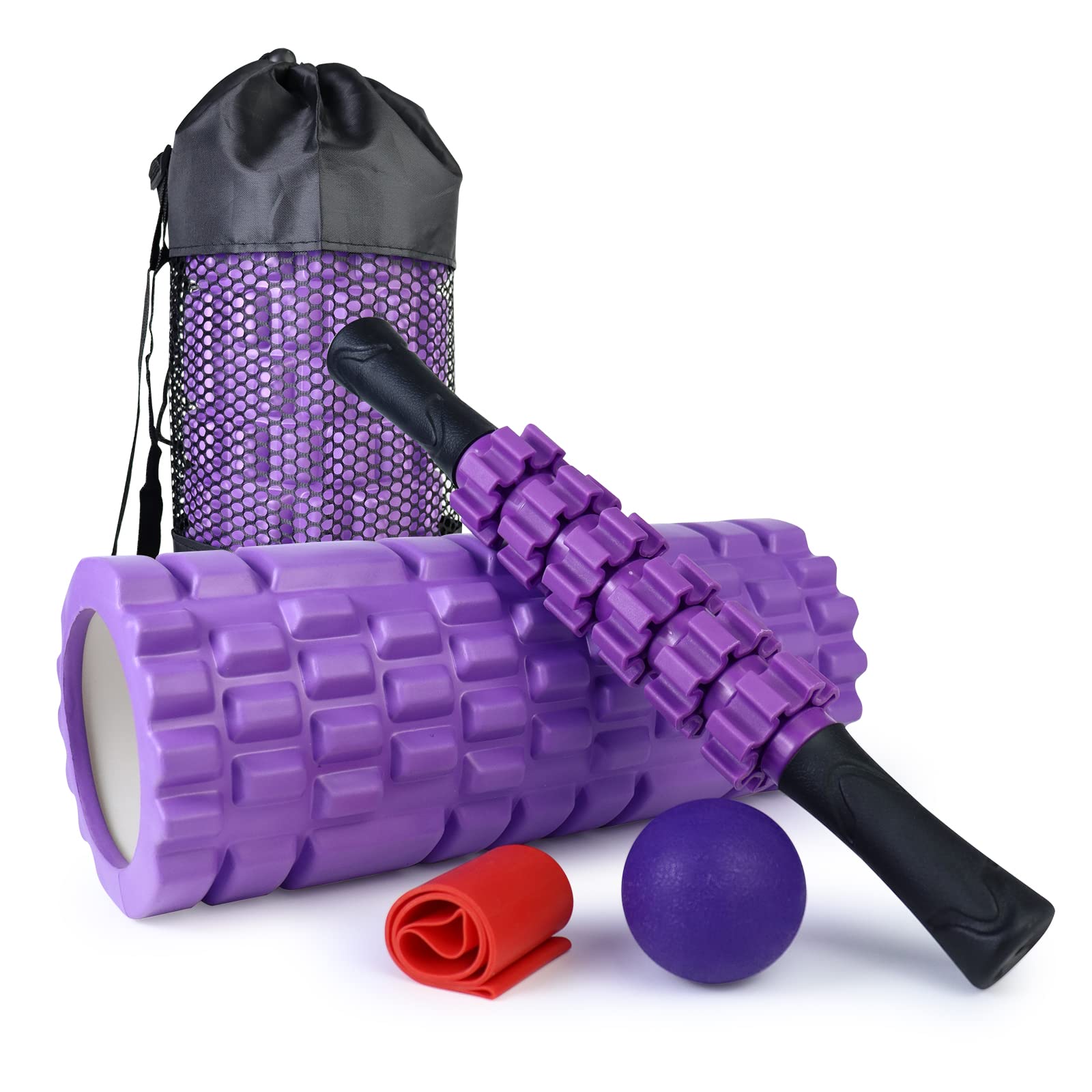 5 in 1 Foam Roller Set for Deep Tissue Massage - Trigger Point Foam Roller, Massage Roller Stick, Massage Ball & Stretching Strap - Perfect for Pilates, Yoga, Fitness & Full Body Recovery (Purple) - Ideal for Home Gym, Physical Therapy & Post-Workout Muscle Relief