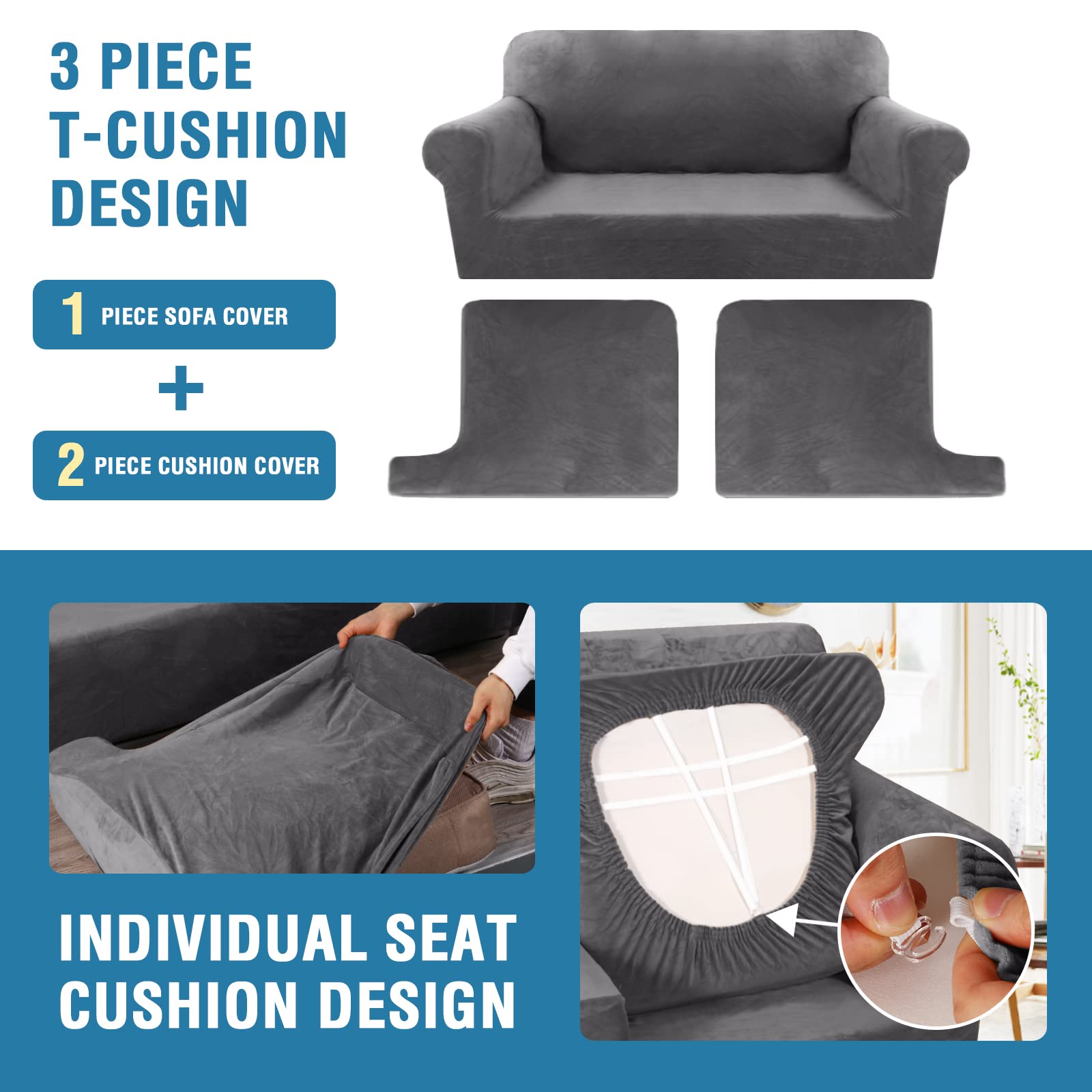 H.VERSAILTEX 3-Piece Velvet Sofa Slipcover Set - Stretchable T-Cushion Couch Cover with 2 Seat Covers, Thick Furniture Protector, Washable Grey Velvet - Perfect for Living Room, Sectional Sofa & Home Decor