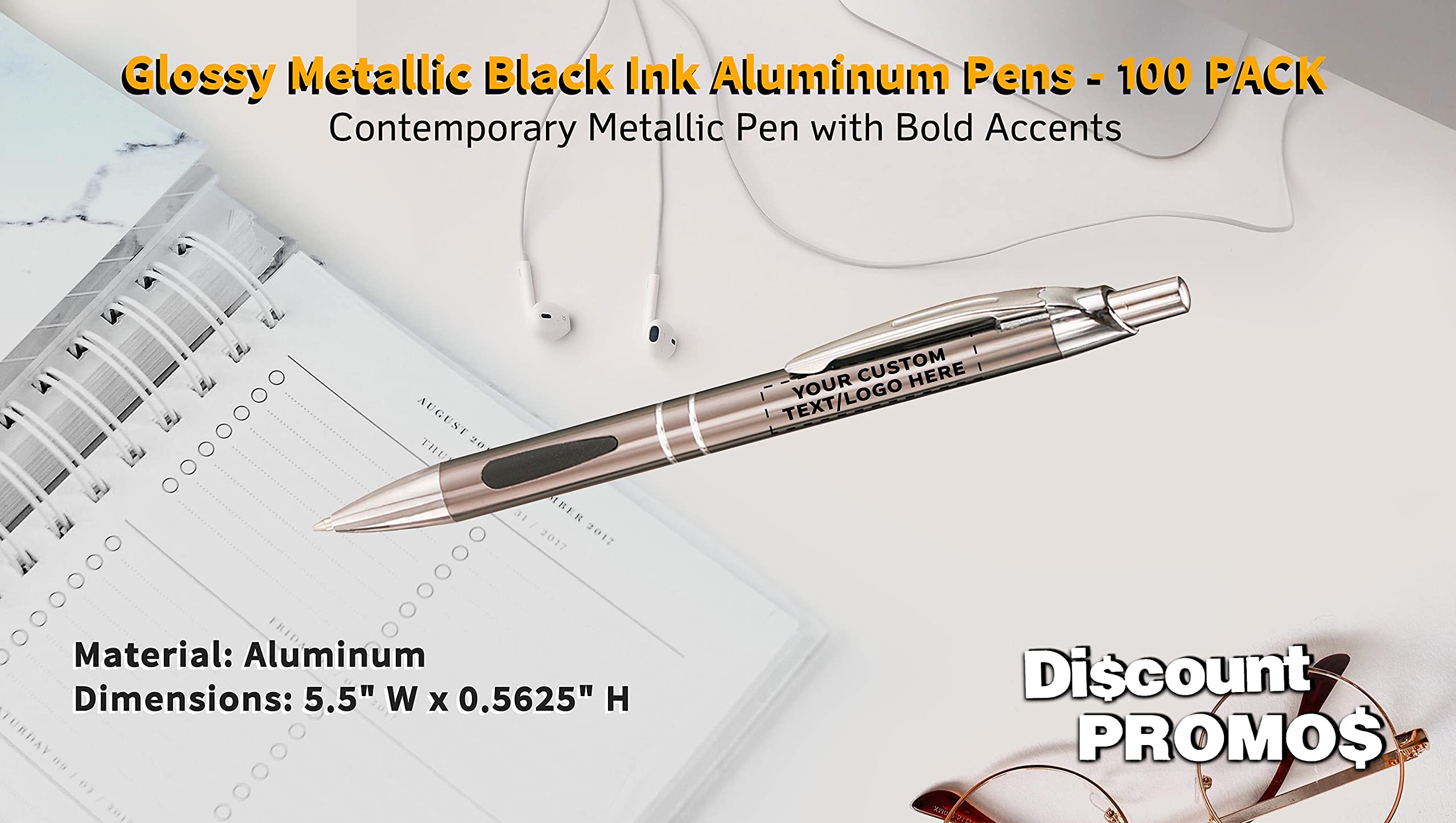 100 Pack Black Ink Metal Pens with Custom Text & Logo - Retractable Ballpoint Pens with Silver Accents - Premium Office & School Supplies for Business Gifts, Promotions & Everyday Writing