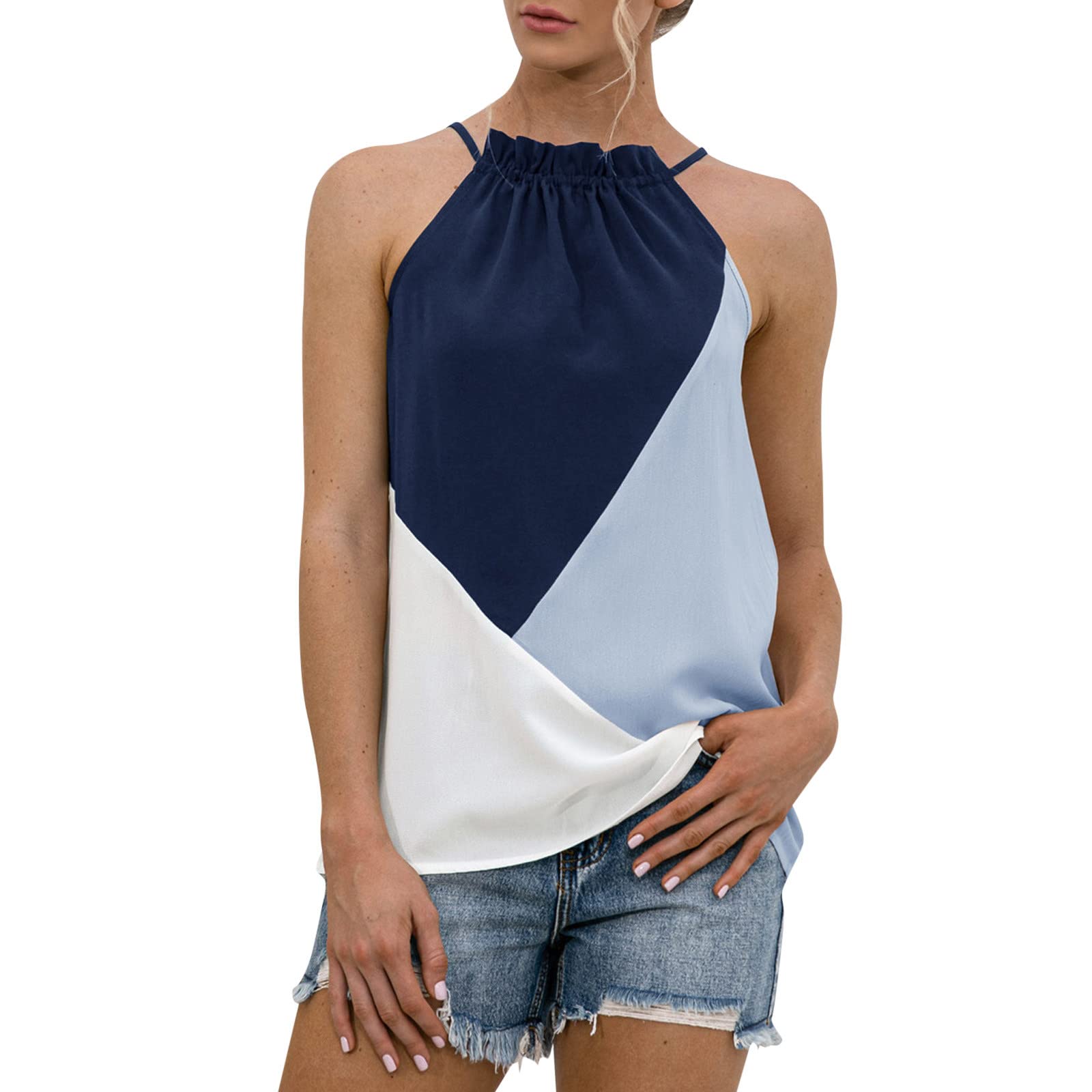 Women's Sleeveless Halter Patchwork Print Blouse - O-Neck Vest Tank Top for Workout & Summer Fashion | Breathable & Stylish Casual Wear for Gym, Beach, and Outdoor Activities