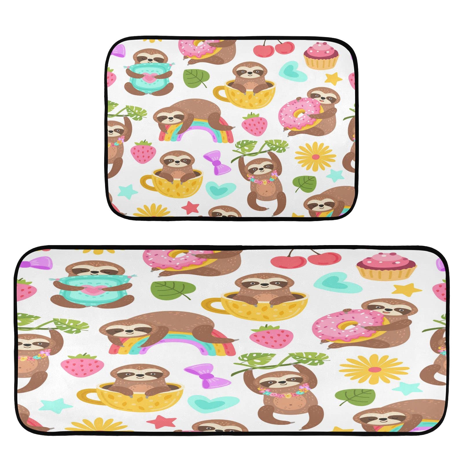2PCS Cartoon Sloths Non-Slip Kitchen Rugs - Super Absorbent, Easy Clean Floor Mats for Sink, Laundry & Runner Areas | Cute Home Decor for Kitchen Safety & Comfort