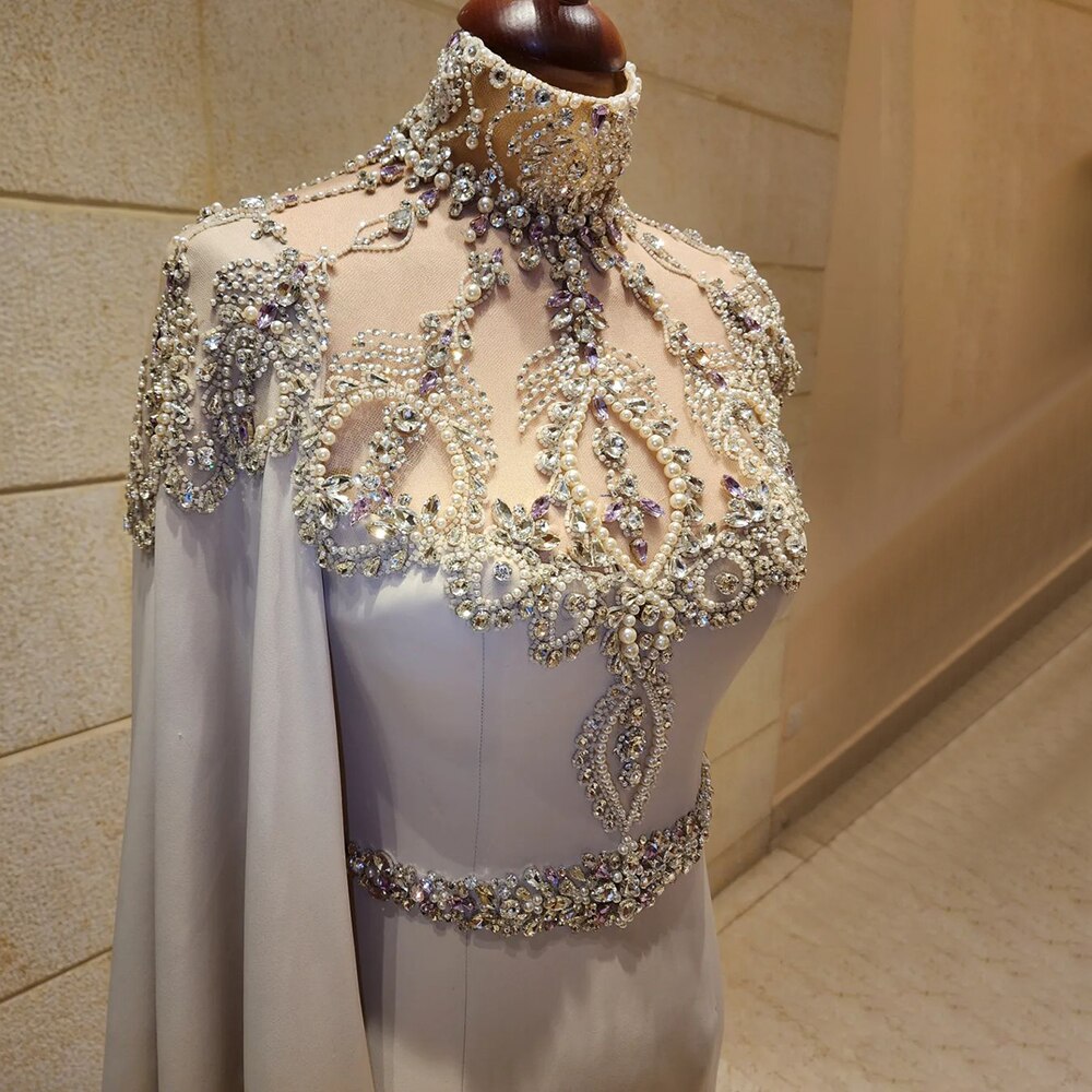 Serene Hill Ivory High Neck Cape Sleeve Mermaid Evening Dress with Beaded Details - Elegant Formal Gown for Women 2025 | Perfect for Weddings, Galas, Prom & Special Occasions