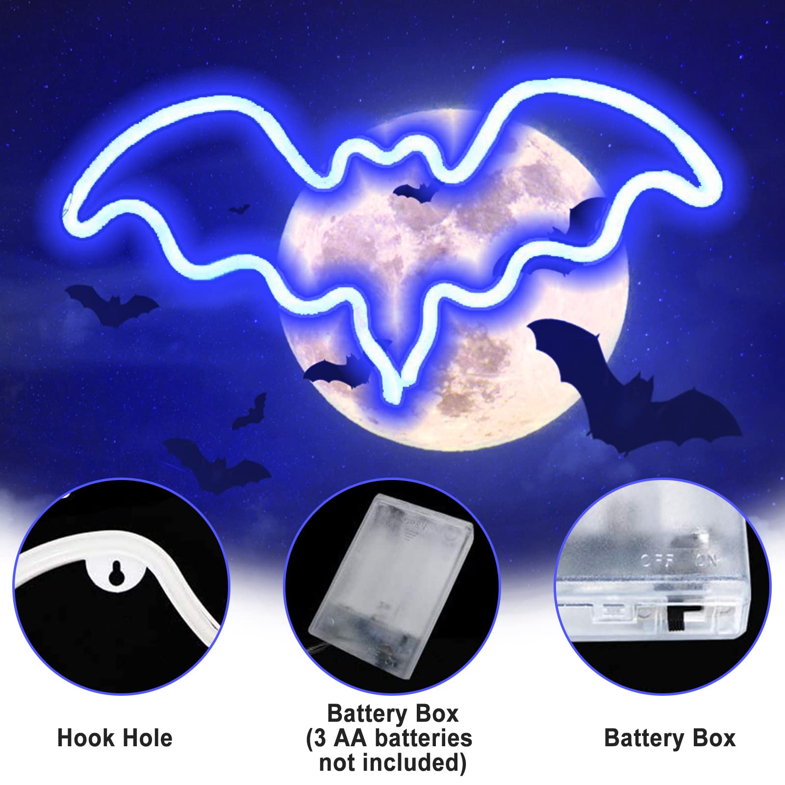 Halloween Bat Neon Sign - LED Wall Decor for Halloween Party, Bar, Room & Kids Gift | Battery Powered Blue Neon Light Lamp for Spooky Home Decor & Themed Events