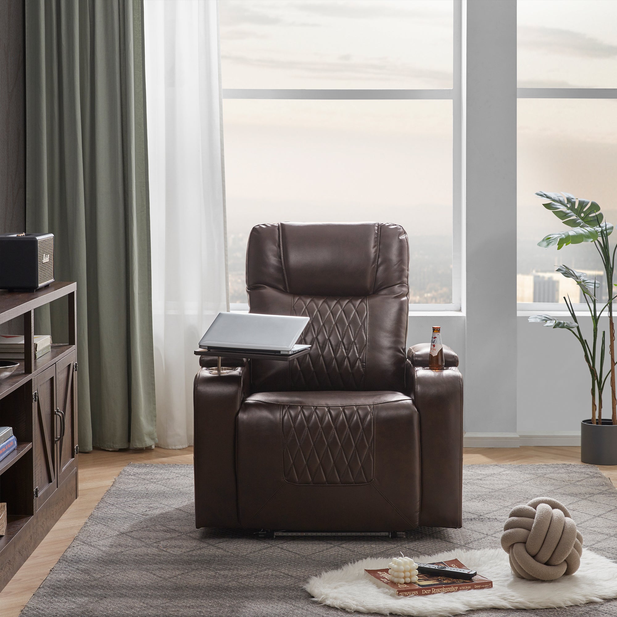 Electric Power Lift Recliner Chair with USB Charging Port, Hidden Arm Storage & 360° Swivel Tray - Brown Leather Massage Chair for Living Room, Home Theater & Elderly Care