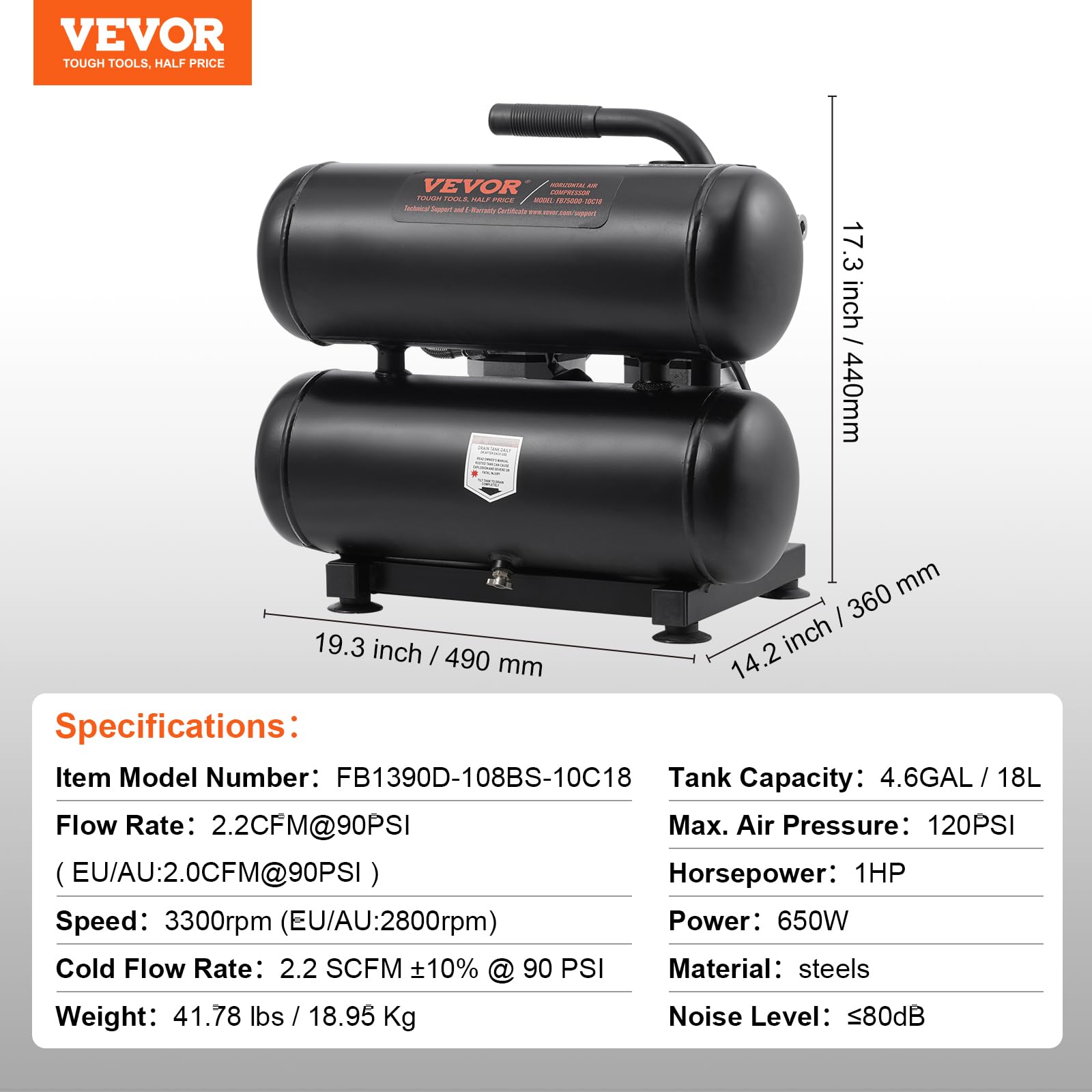 VEVOR 4.6 Gallon Oil-Free Air Compressor, 1HP 2.2CFM@90PSI with 120PSI Max Pressure, Ultra Quiet 80dB Portable Air Compressor for Auto Repair, Tire Inflation, Spray Painting, Nail Guns & Home DIY Projects - 120V Electric Air Pump