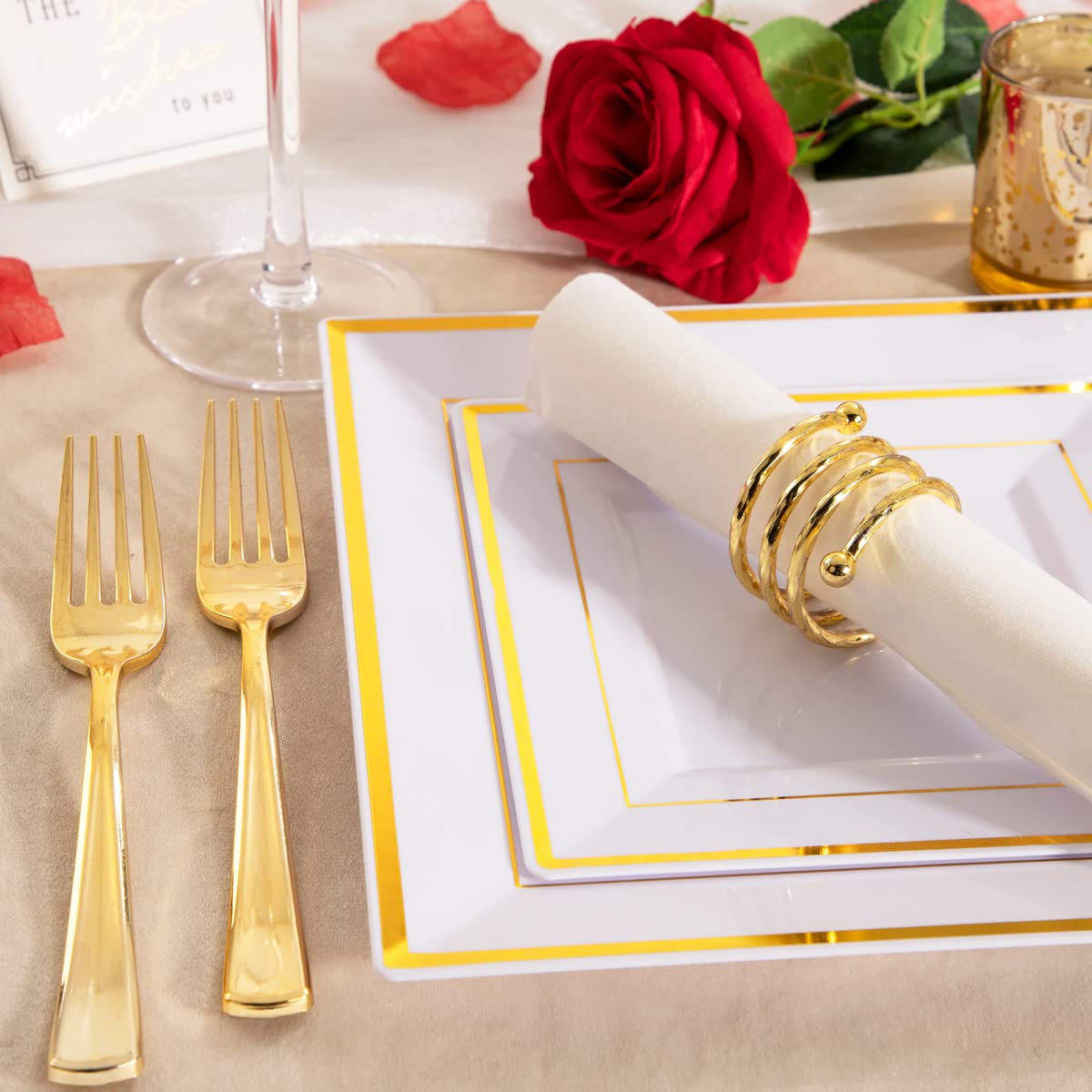 125-Piece Gold Plastic Dinnerware Set - 25 Gold Rimmed Dinner Plates, 25 Salad Plates, 25 Forks, 25 Knives & 25 Spoons - Elegant Disposable Tableware for Parties, Weddings & Events