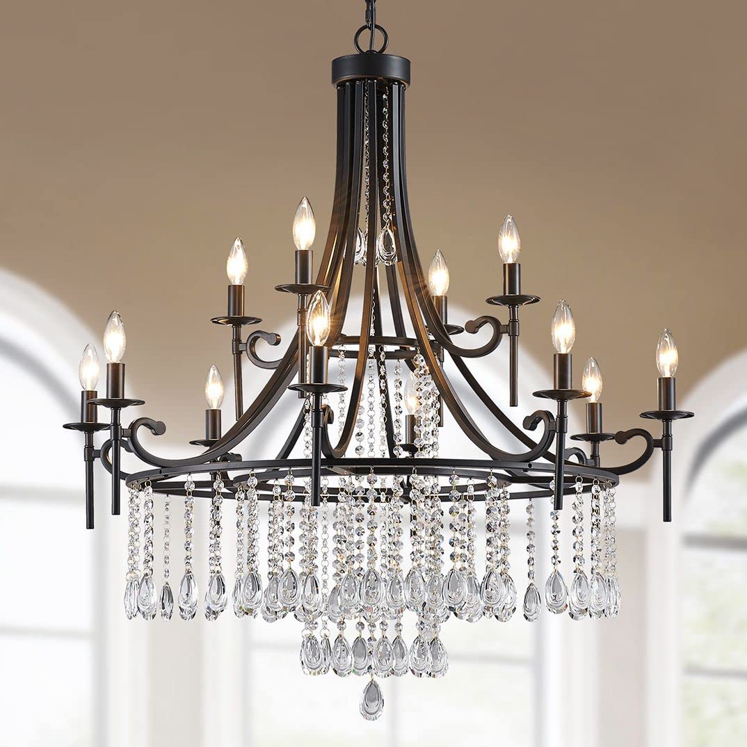 WUZUPS 12-Light Wagon Wheel Chandelier - Modern Black Ceiling Pendant Light with E12 Base (37