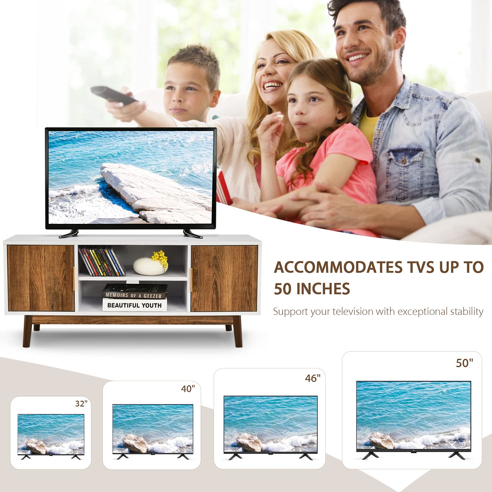 65 Inch Wooden TV Stand with Storage - Farmhouse Style Media Console for Living Room & Bedroom | 2 Cabinets & 2 Shelves Entertainment Center | White & Brown TV Stand for Home Theater Setup & Family Movie Nights