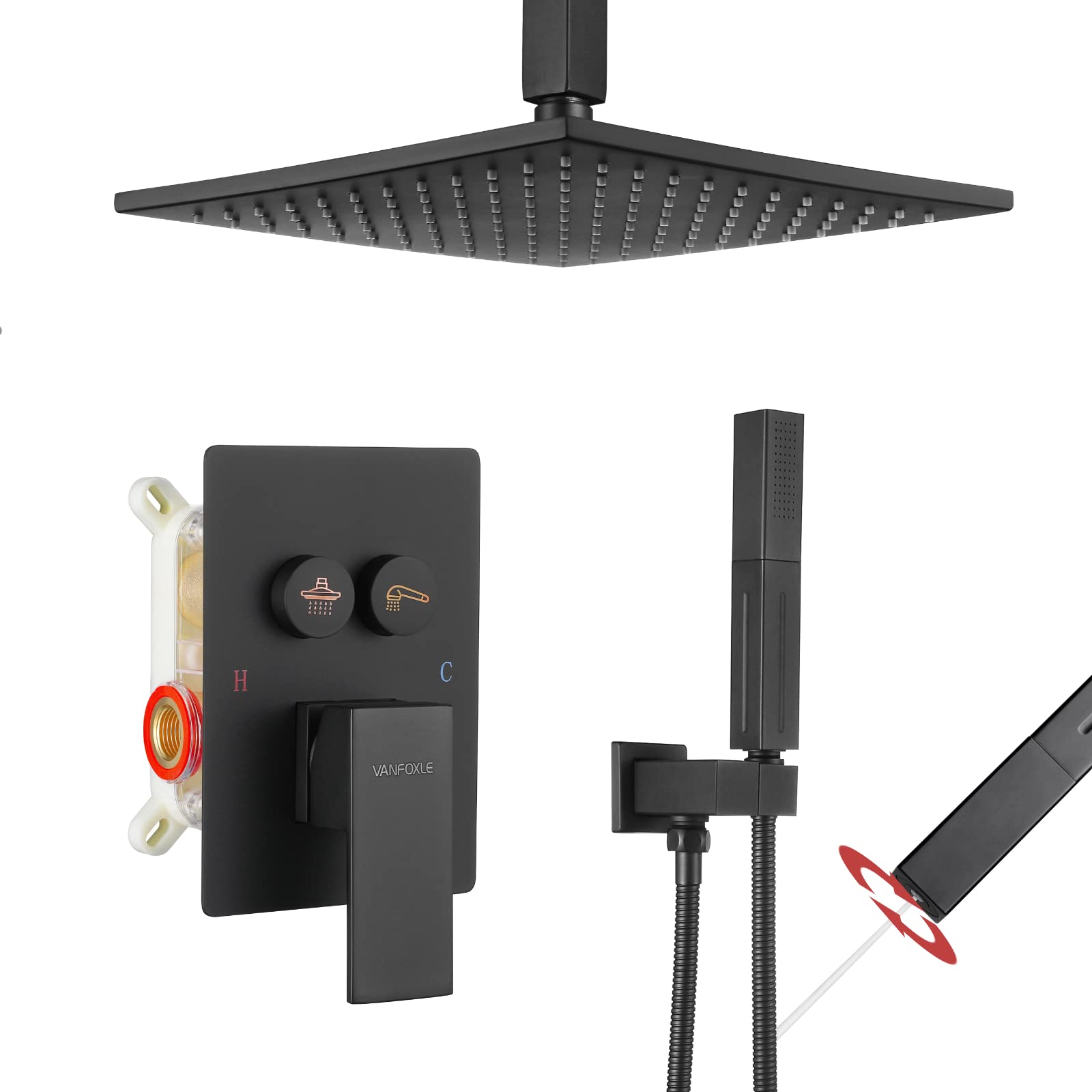 VANFOXLE Matte Black Shower Faucet Set - Ceiling Mounted Push Button Diverter with 2-in-1 Handheld Shower & 10 Inch Rainfall Shower Head - Complete Bathroom Shower System for Modern Home & Spa Experience