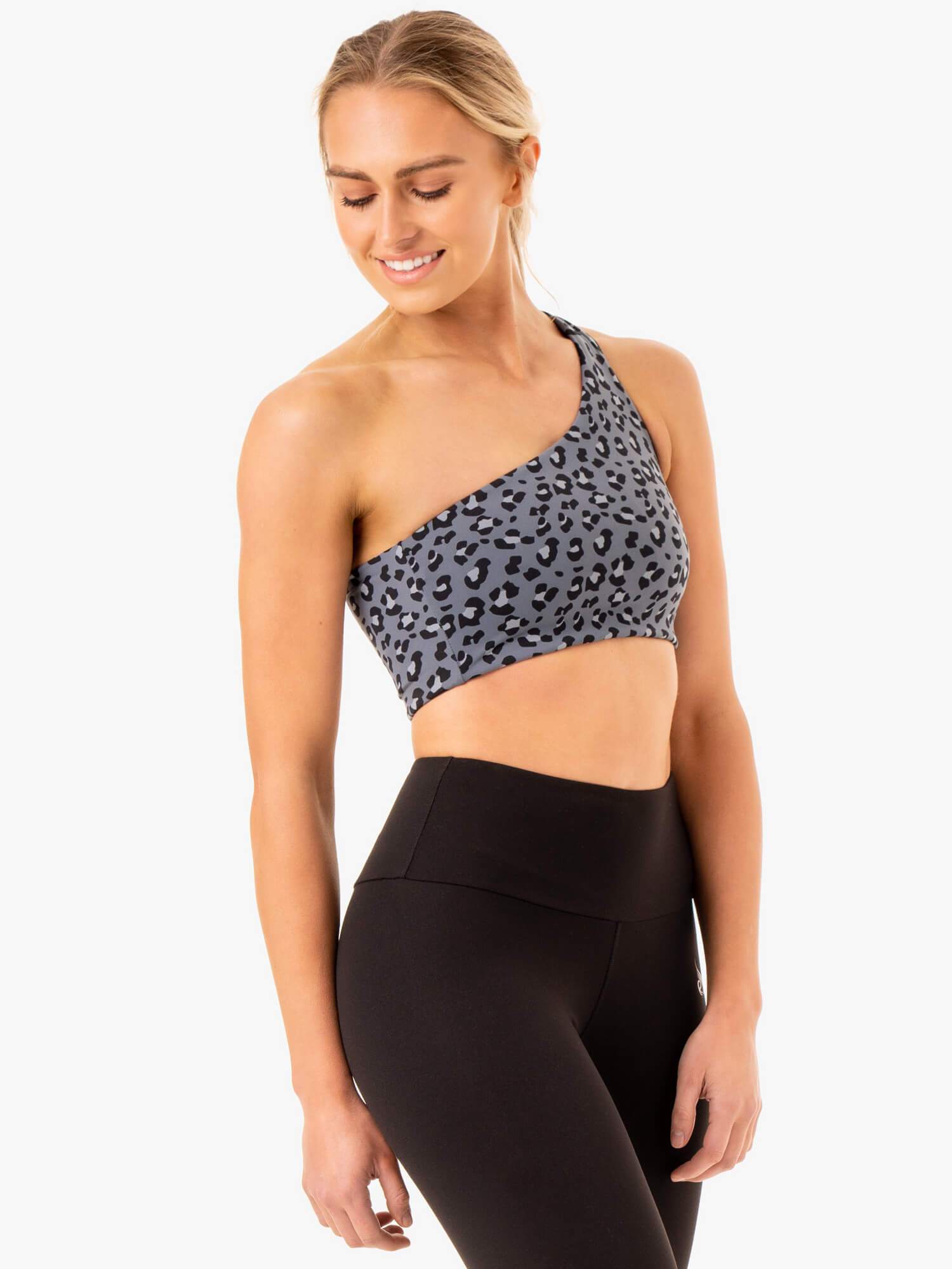 Adapt One Shoulder Sports Bra - Steel Blue Leopard Print - High Support Workout Top for Running, Yoga & Gym