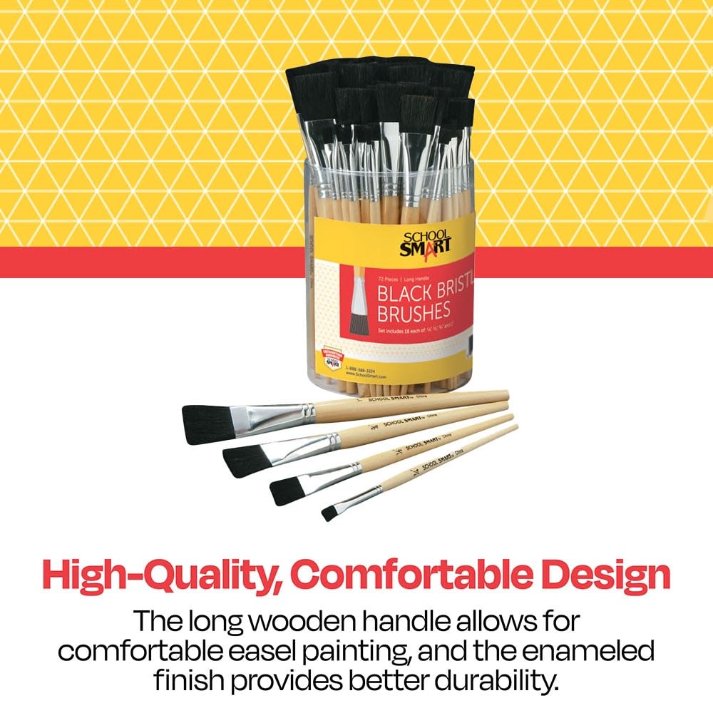 School Smart Black Bristle Paint Brushes with Enameled Hardwood Handles - Bulk Set of 72 Assorted Sizes for Classroom, Art Projects & DIY Crafts - Perfect for Kids, Students & Professional Artists