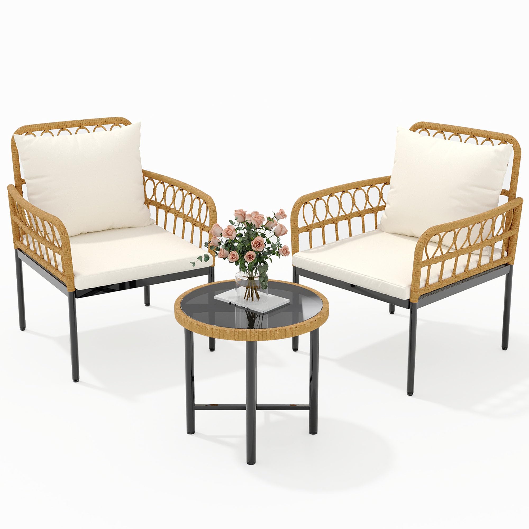 GARVEE 3-Piece All-Weather Wicker Patio Bistro Set with Glass Top Coffee Table & Cushioned Chairs - Boho Outdoor Furniture for Backyard, Garden, Balcony, Poolside - Perfect for Relaxing, Entertaining & Outdoor Dining (Beige)