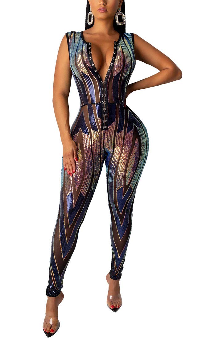 Aro Lora Women's Sexy V-Neck Sequin Mesh Bodycon Jumpsuit - Elegant Party Romper for Nightclub, Cocktail & Evening Events | Plus Size Long Pants Jumpsuit for Women