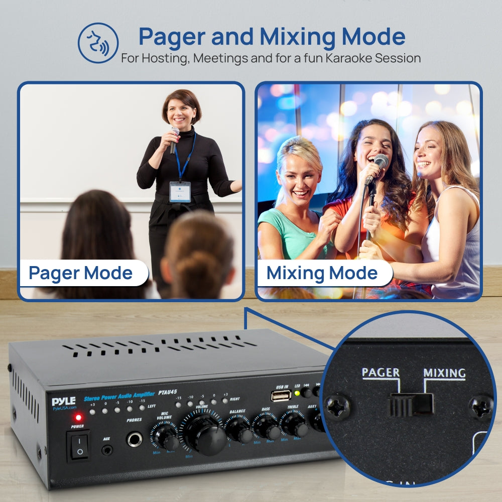 Pyle Mini Stereo Amplifier - Compact USB Powered Home Audio System for Bookshelf Speakers, Desktop, and Small Rooms