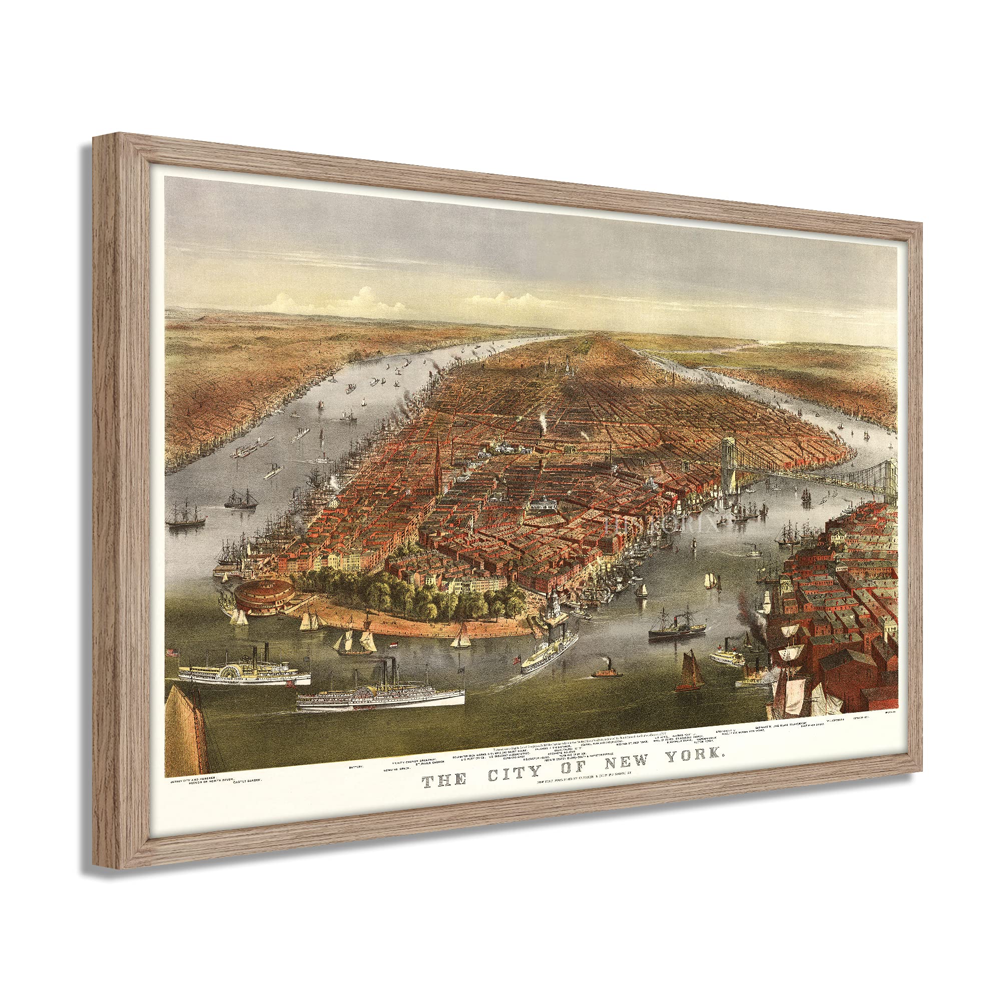 Vintage 1870 New York City Map - 26x38 Inch Light Walnut Framed Wall Art - Restored Historic NYC Poster - Perfect for Home Decor, Office & Gift Giving
