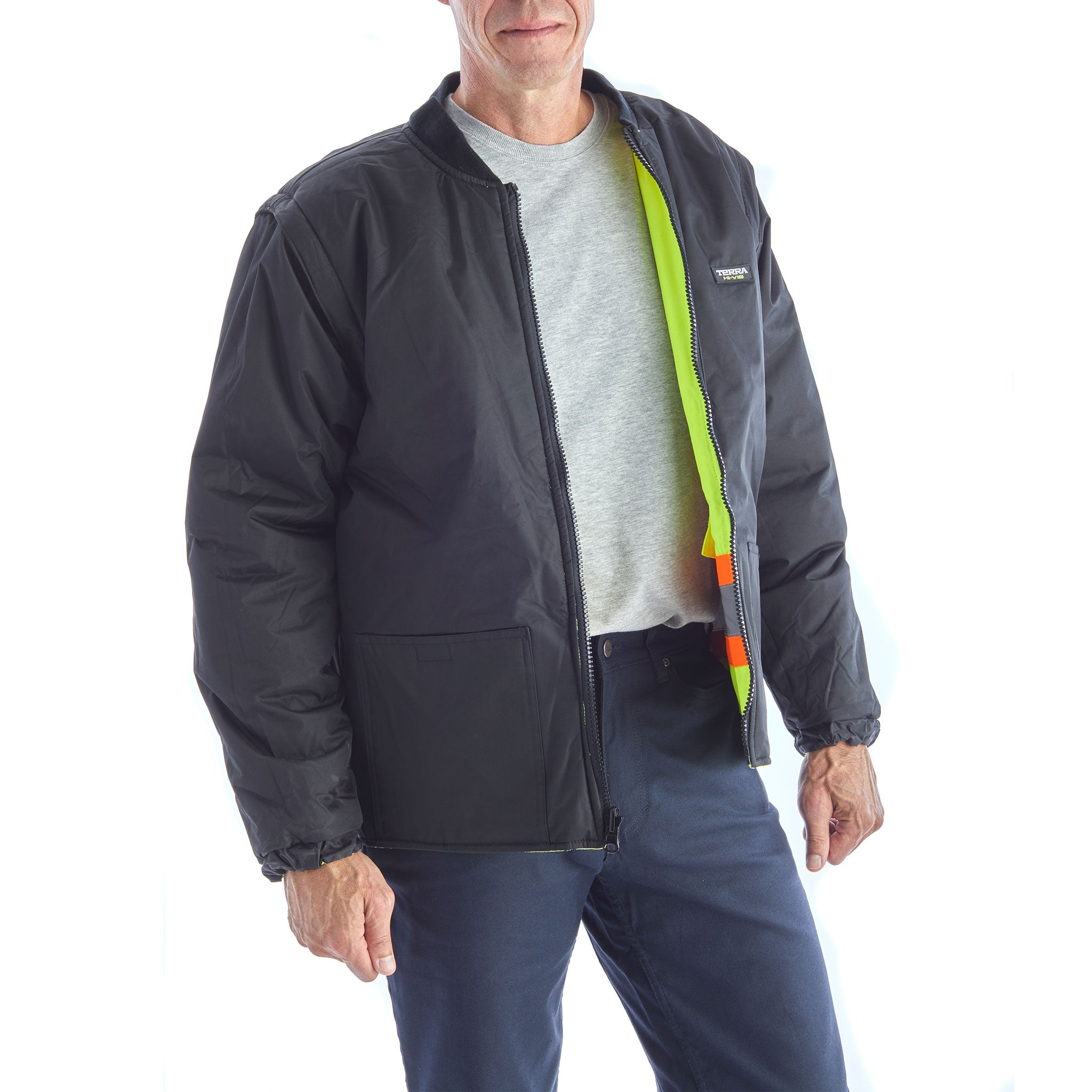Terra Men's High Visibility 6-in-1 System Work Bomber Jacket - ANSI Certified Reflective Safety Jacket for Construction, Road Work & Outdoor Jobs - Yellow (Model 116562)