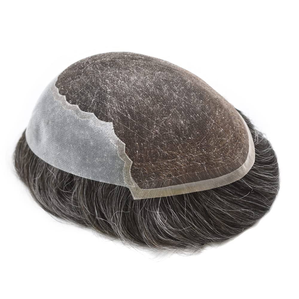 100% European Real Human Hair Swiss Lace Front Toupee for Men - Darkest Brown with 20% Gray - 110% Density 7x9 Inches - Natural Looking Hair Replacement System for Thinning Hair & Baldness - Perfect for Daily Wear, Special Occasions & Confidence Boost
