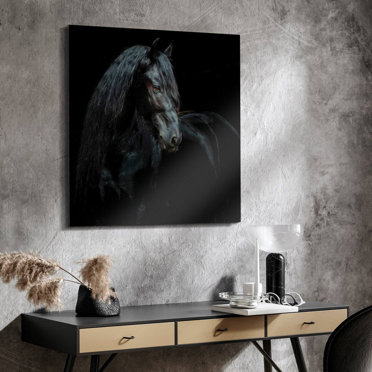 Black Equine Attraction Frameless Floating Tempered Glass Wall Art - Modern Home & Office Decor for Living Room, Bedroom, Kitchen