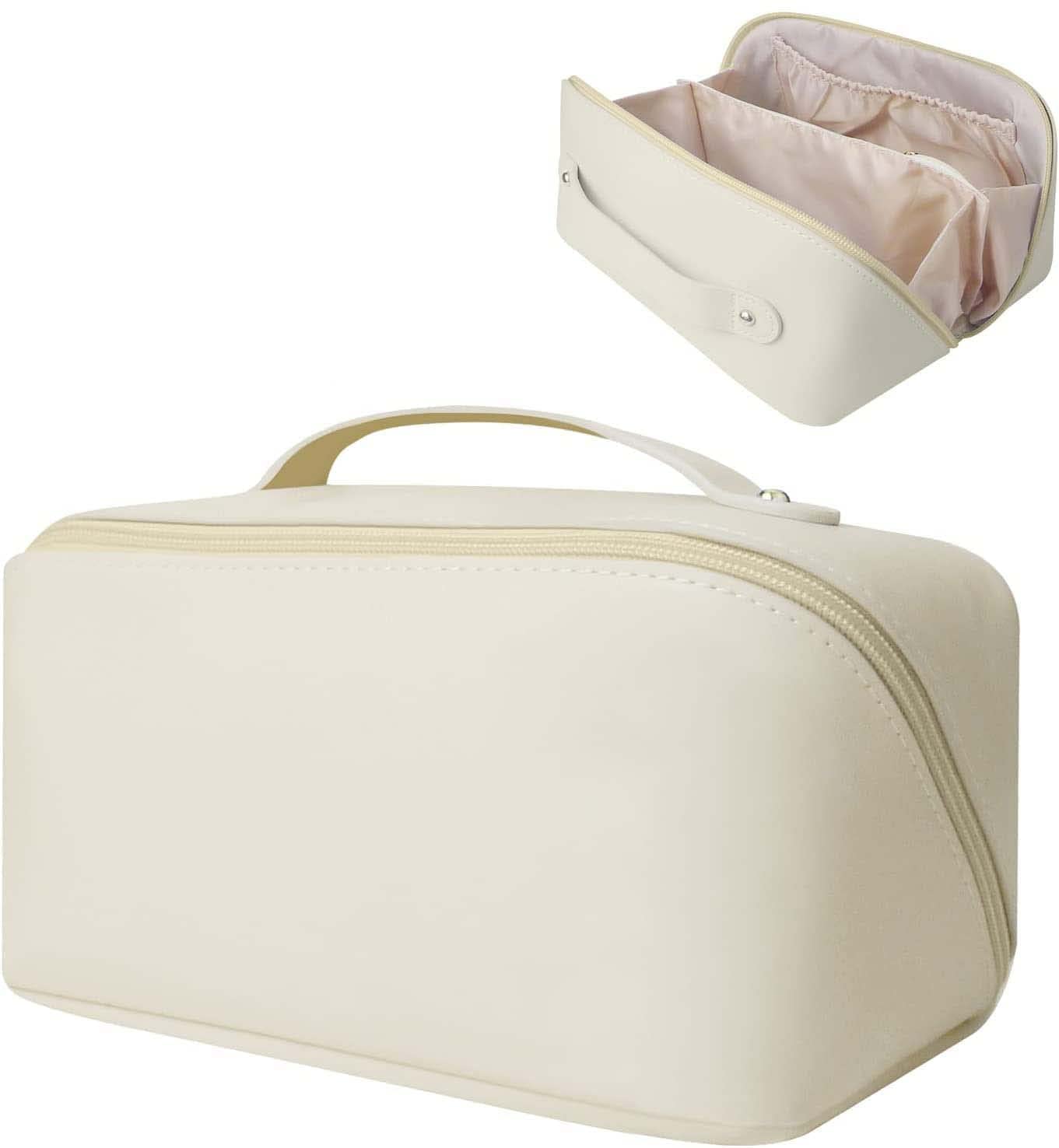 Gnanex Leather Cosmetic Travel Bag for Women - Portable Makeup Organizer with Handle & Divider - Cream Makeup Storage Bag for Travel, Gym, Home & Office Use