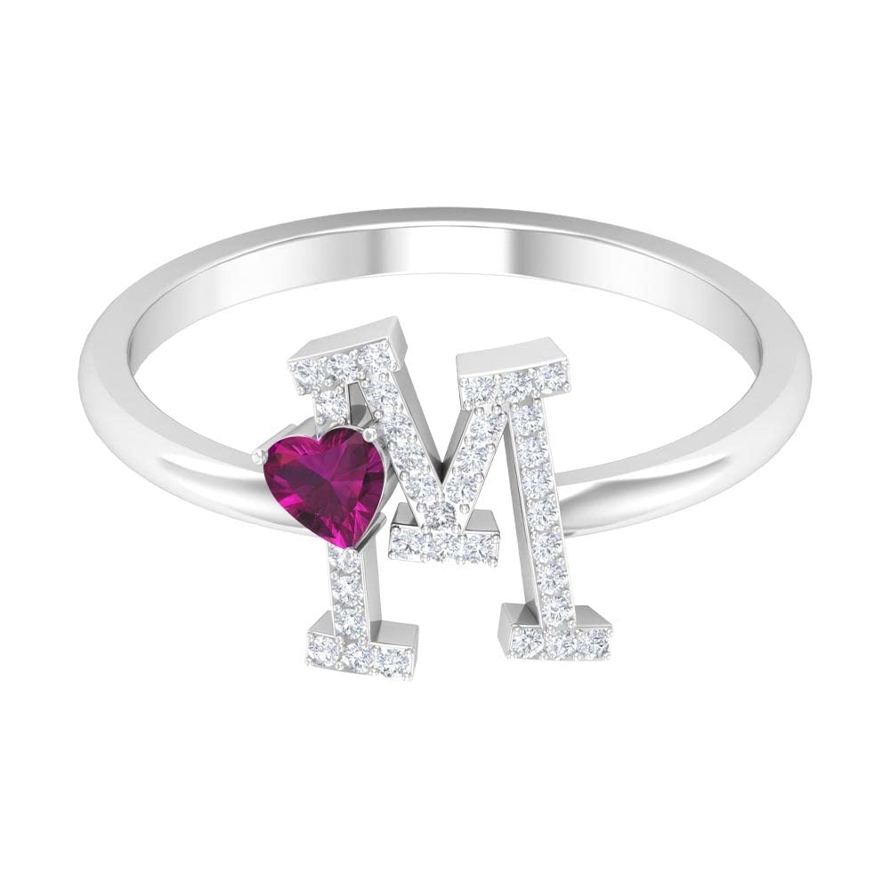 Rhodolite & Diamond Initial Rings for Women - A to Z Alphabet Letter Rings in 14K White Gold | Elegant Heart Initial Jewelry for Gifts, Anniversaries & Special Occasions