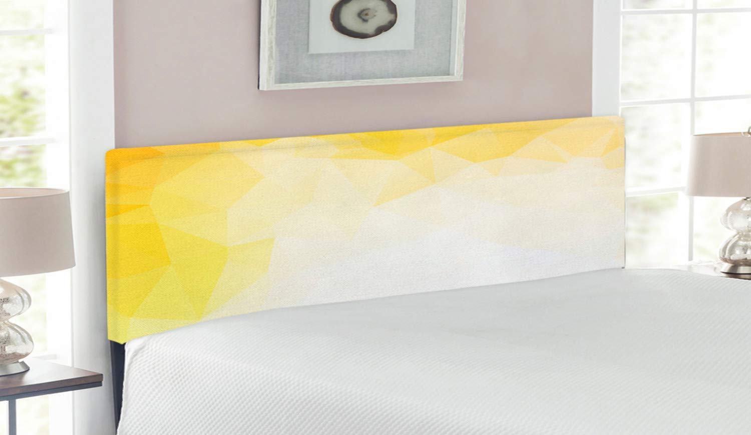 Ambesonne Ombre Queen Size Headboard - Fractal Mosaic Abstract Triangle Design with Color Transition | Upholstered Decorative Metal Bed Frame with Memory Foam in Yellow & White | Perfect for Modern Bedroom Decor & Guest Room Styling