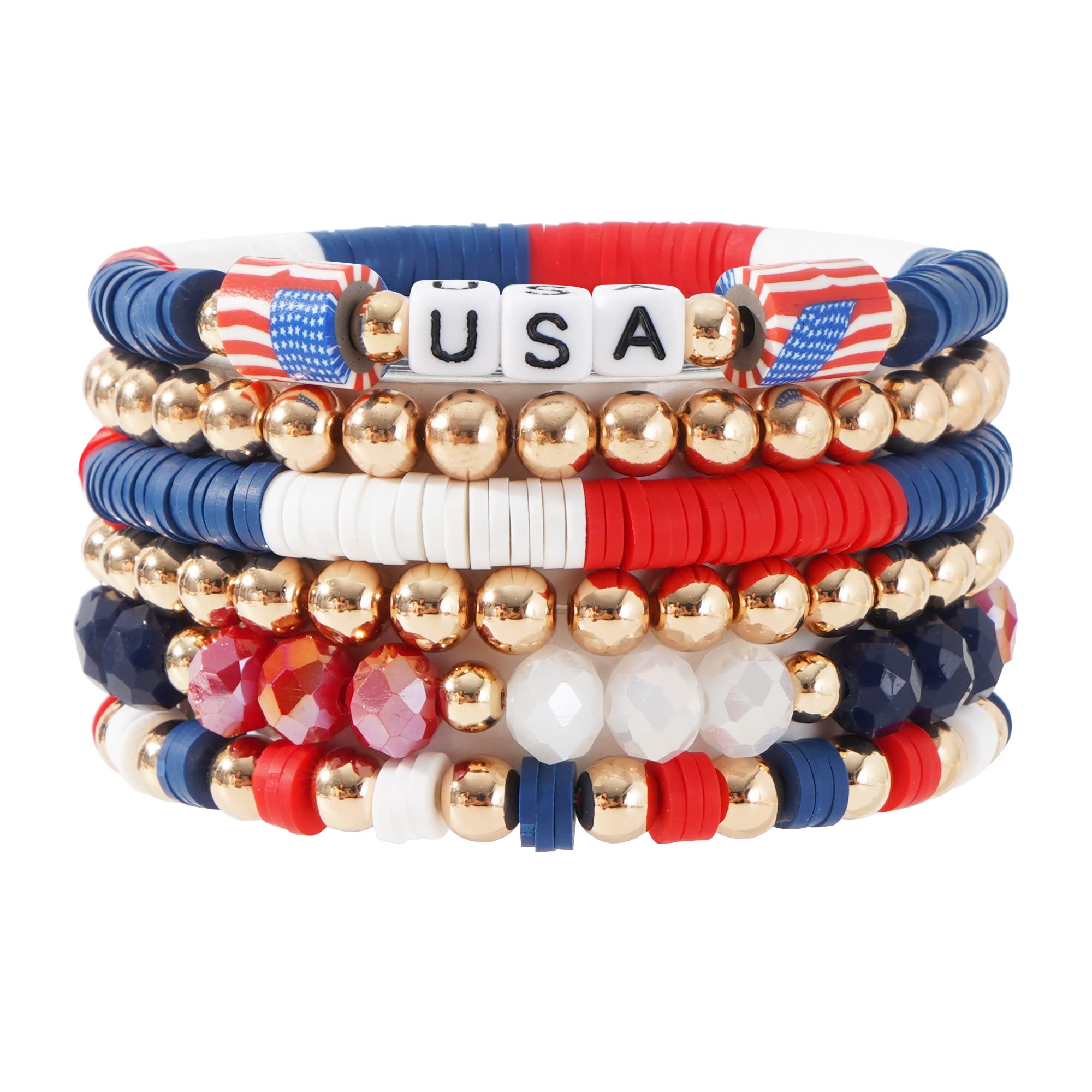 Women's Summer Surfer Heishi Beaded Bracelet Set - Stackable Gold Clay Polymer Stretch Bracelets for Layering - Perfect for Beach, Vacation & Boho Fashion Jewelry