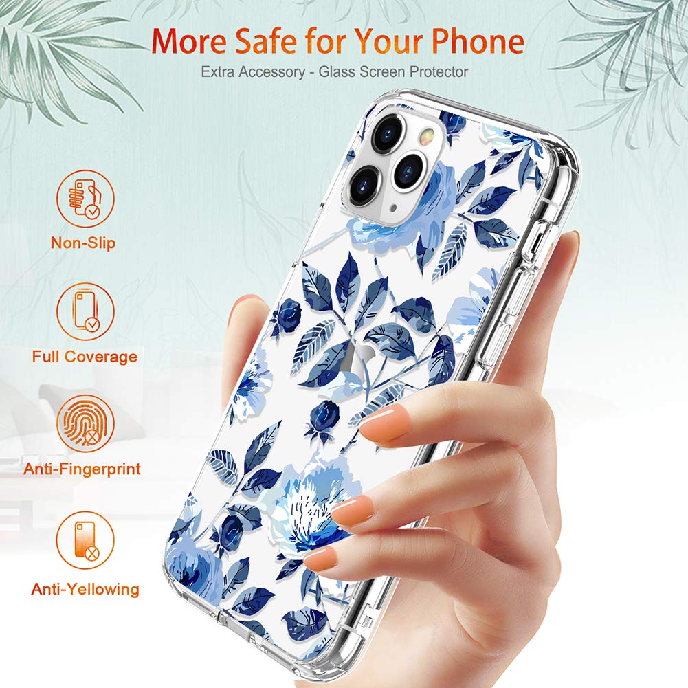 GiiKa Clear Floral Shockproof Hard PC Case with TPU Bumper & Screen Protector for iPhone 11 Pro Max | Protective Phone Cover for Women & Girls | Perfect for Everyday Use, Travel & Outdoor Activities