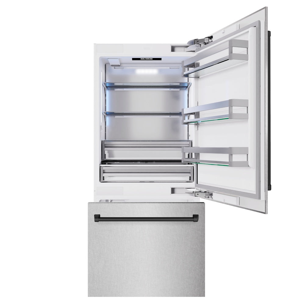 ZLINE Autograph Edition 36 Inch Built-In Bottom Freezer Refrigerator - 19.8 cu ft Capacity, Water Dispenser & Ice Maker - Satin Stainless Steel with Matte Black Accents (RBITZ SN 36 MB) - Perfect for Modern Kitchens, Open Concept Homes & Luxury Appliances Upgrade