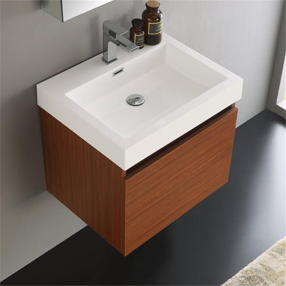 Fresca FVN8006TK Modern Teak Wood Bathroom Vanity with Built-in Medicine Cabinet - Perfect for Small Bathrooms, Powder Rooms & Master Baths