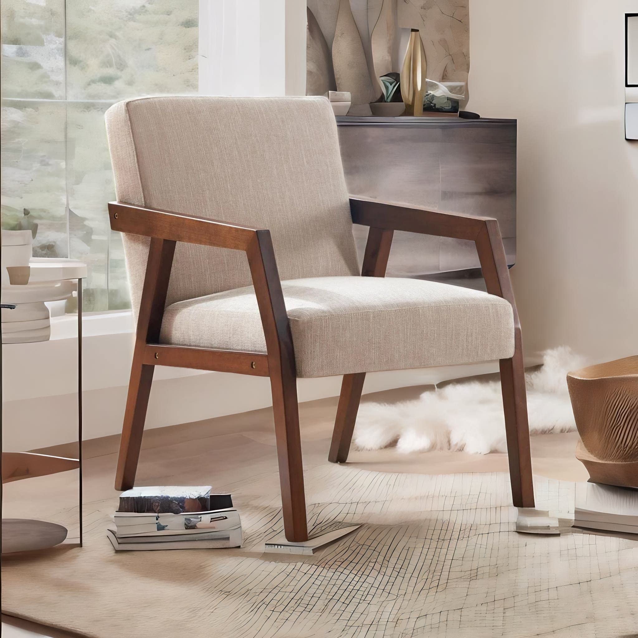 HUIMO Mid-Century Modern Accent Chair - Elegant Upholstered Wooden Armchair with Linen Fabric for Living Room, Bedroom, Office - Comfortable Lounge & Reading Chair (Brown) - Perfect for Relaxing, Reading & Home Decor