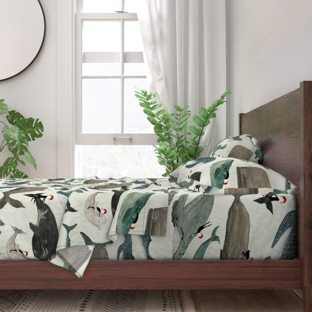 Whale Print 100% Cotton Twin Sheet Set 3-Piece - Ocean Sea Life Nautical Theme Bedding for Kids & Adults | Perfect for Coastal, Beach House & Underwater Decor