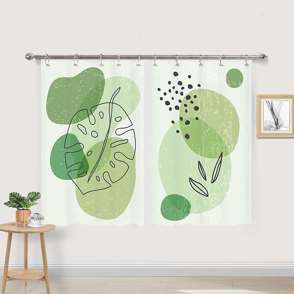 Mid Century Modern Green Plant Geometric Kitchen Curtains 55x39 Inch - Cafe Window Treatment Set with Hooks for Kitchen, Dining Room & Small Windows - Vintage Botanical Home Decor