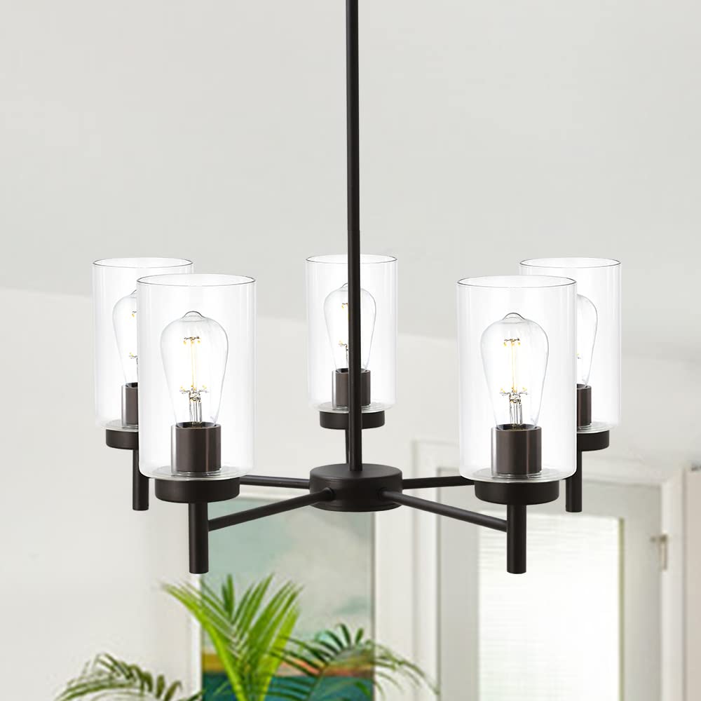 VINLUZ Modern 5-Light Large Chandelier in Oil Rubbed Bronze with Clear Glass Shades - Contemporary Hanging Pendant Light Fixture for Dining Room, Living Room, Kitchen | Perfect for Home Decor, Wedding Venues & Restaurant Lighting