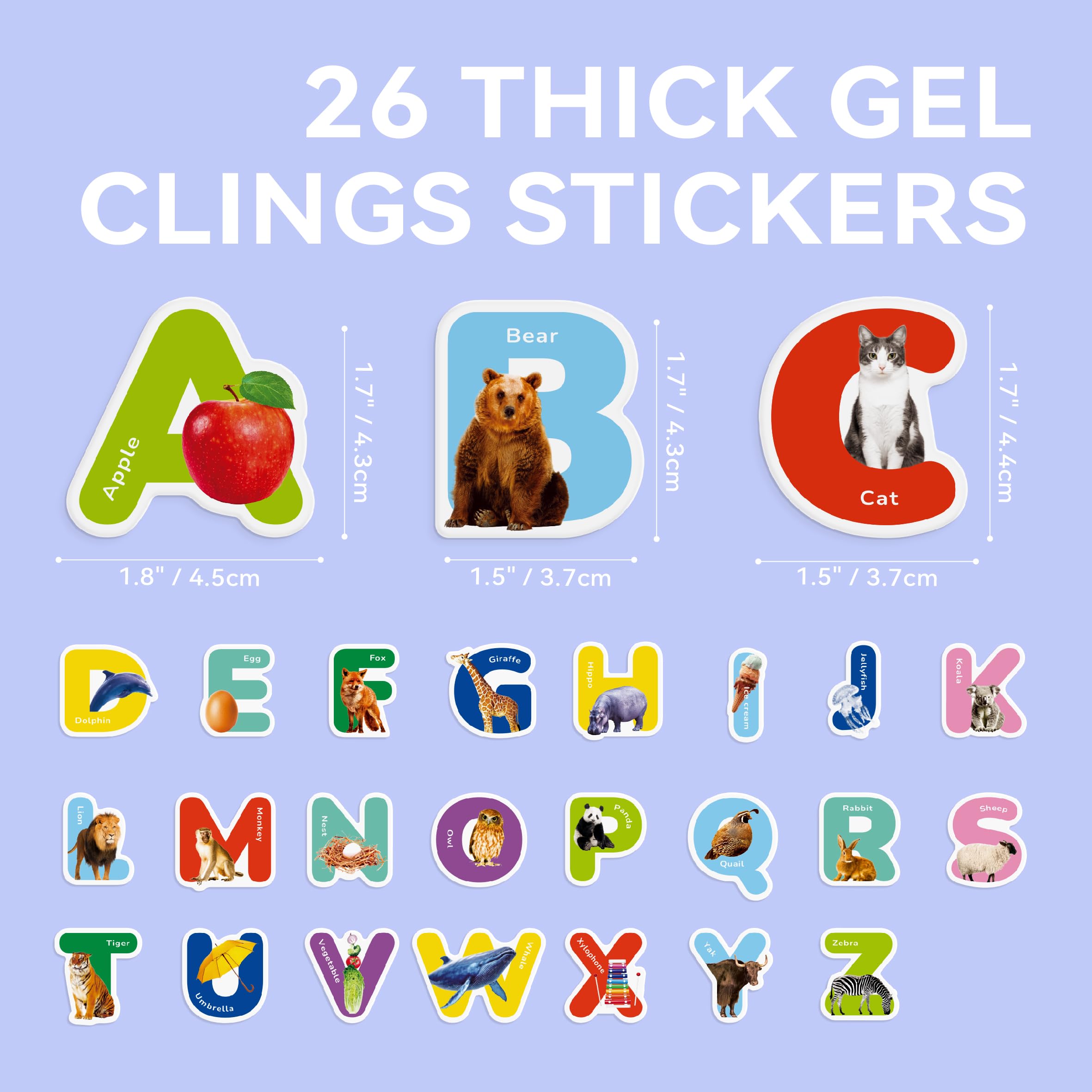 26 PCS Thick Removable Alphabet Animal Gel Stickers for Toddlers - Window Clings for Home & Classroom Decor