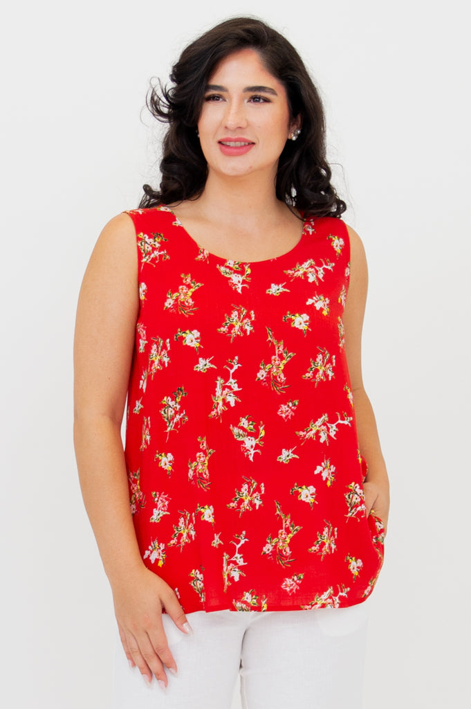 Jimmy Tank Top - Red Ditsy Floral Print Linen Bamboo Blend Women's Casual Shirt for Summer Outfits & Beach Wear